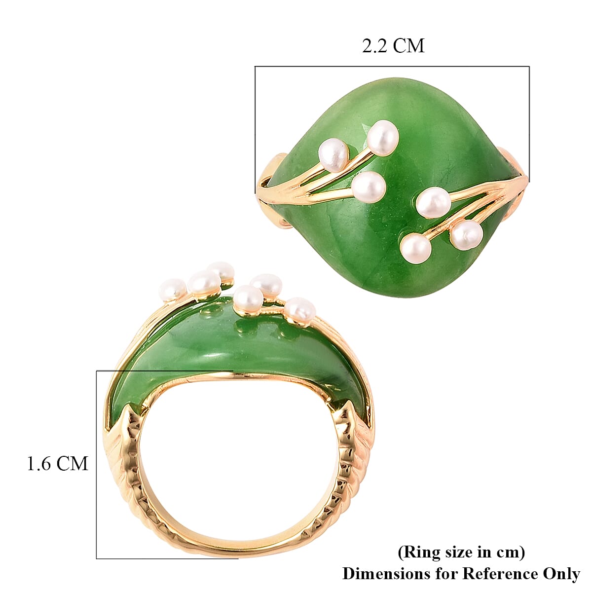 Green Jade and Freshwater Pearl Ring in Yellow Gold Overlay Sterling Silver 12.50 Ct.