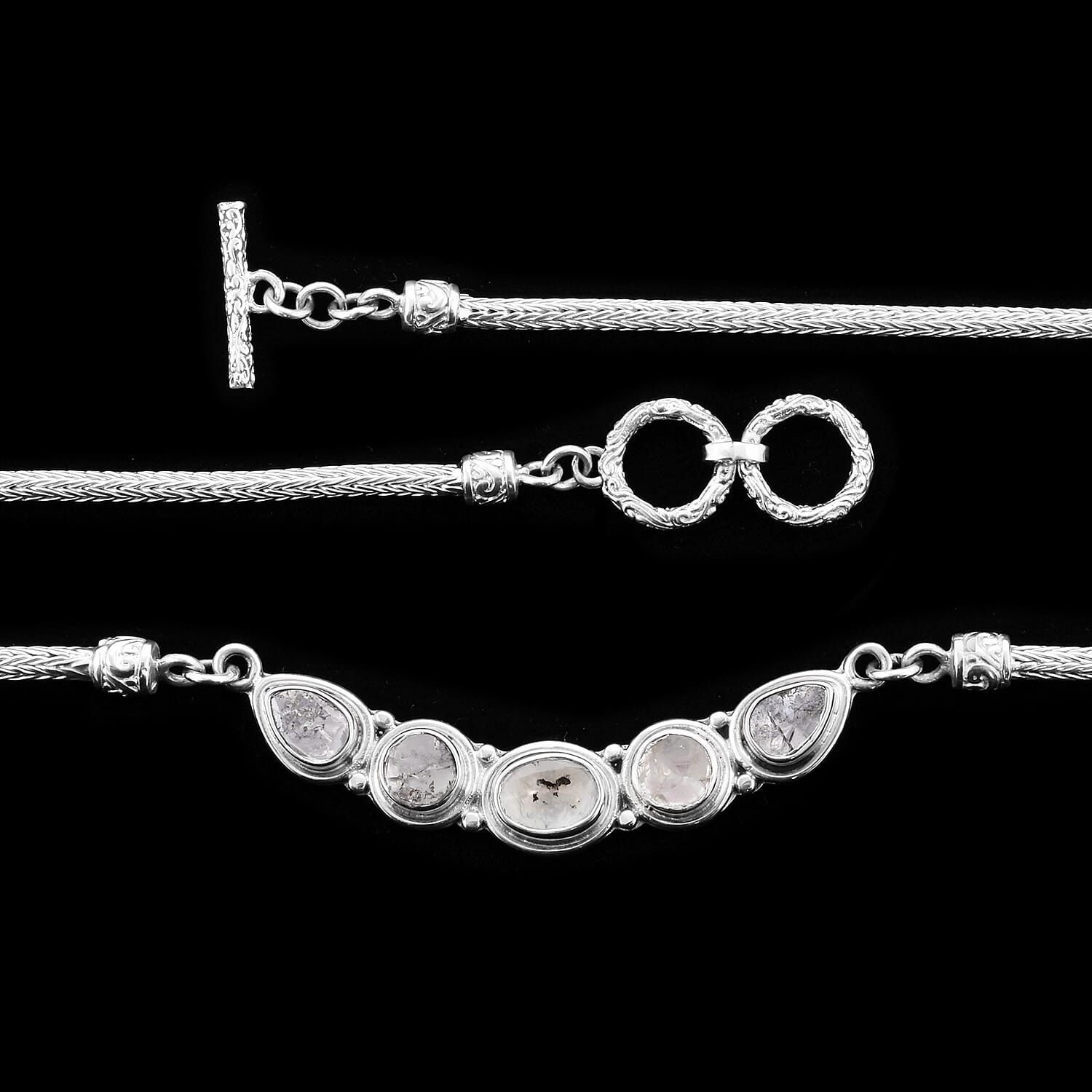 Royal Bali Collection - Polki Diamond Tulang Naga Necklace (Size 20) in Sterling Silver 2.00 Ct, Silver wt. 23.20 Gms