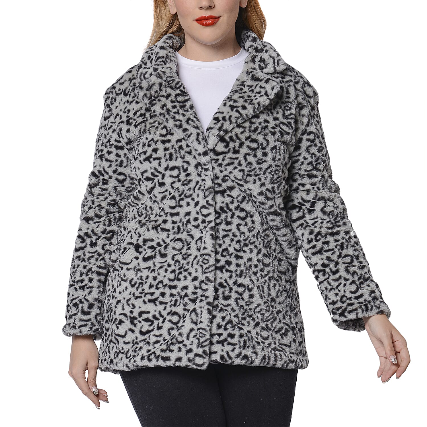 Leopard Pattern Faux Fur Coat (Size S; 51x73 Cm) - Grey