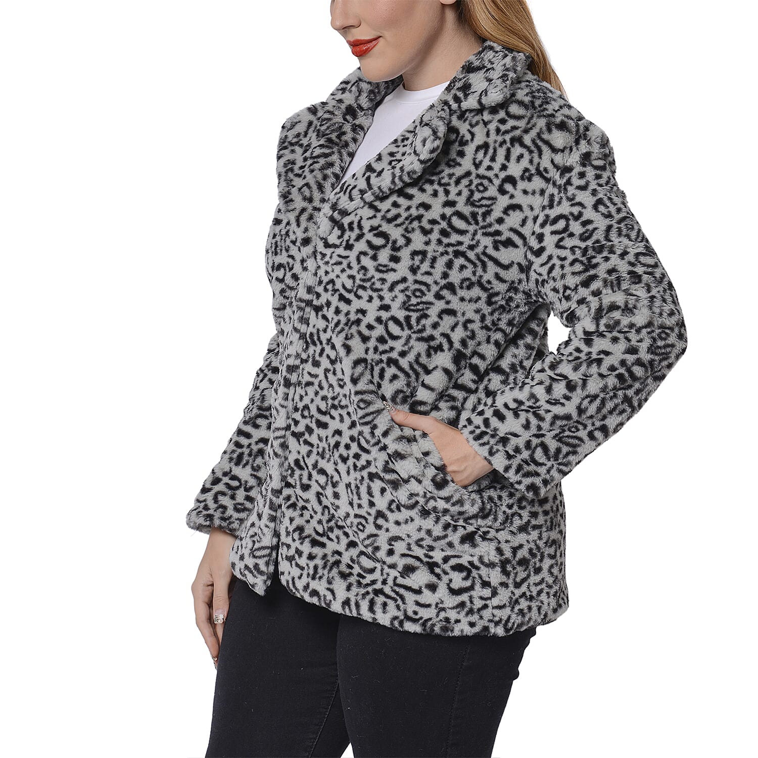 Leopard Pattern Faux Fur Coat (Size S; 51x73 Cm) - Grey