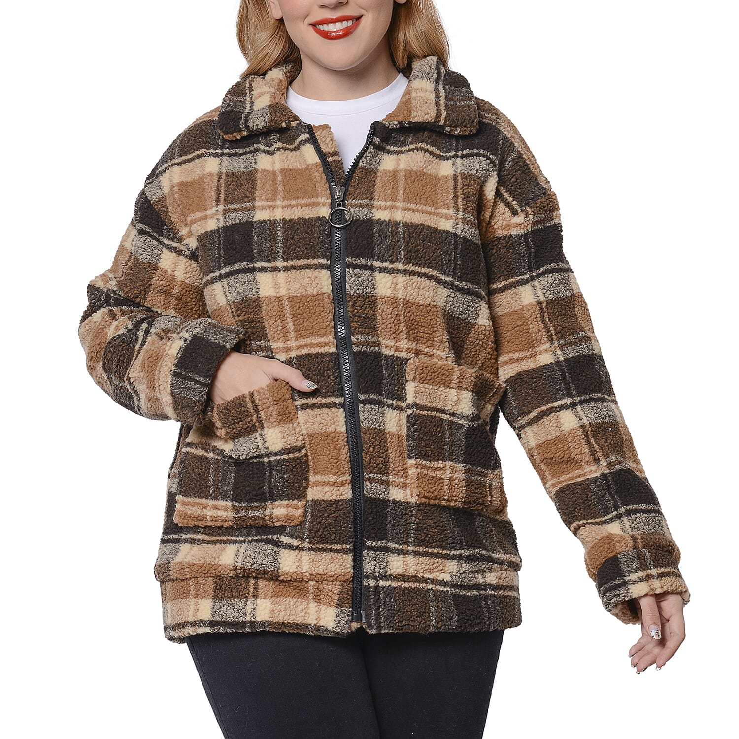 Dark and Light  Brown Plaid Pattern Faux Fur Coat with Pockets (Size S; 54x70cm)