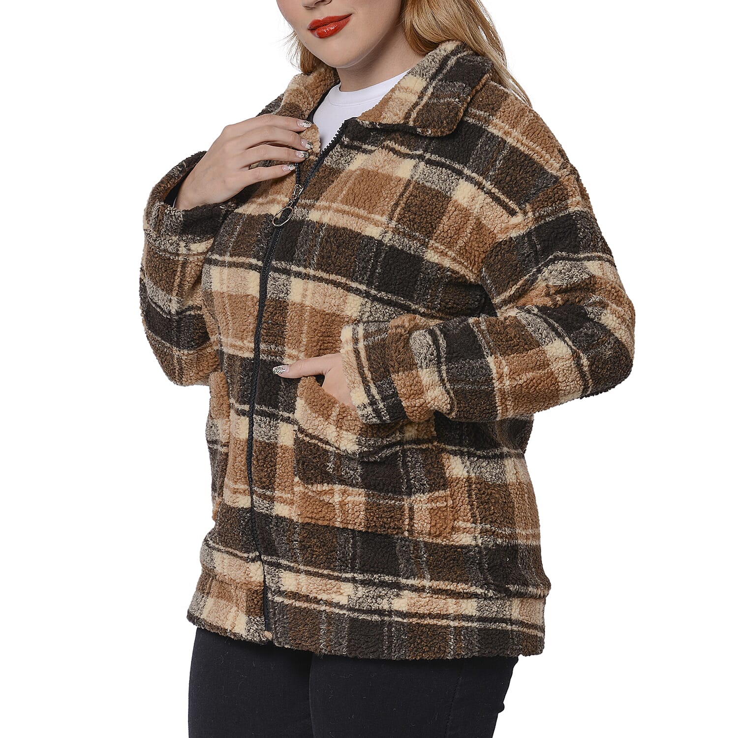 Dark and Light  Brown Plaid Pattern Faux Fur Coat with Pockets (Size S; 54x70cm)