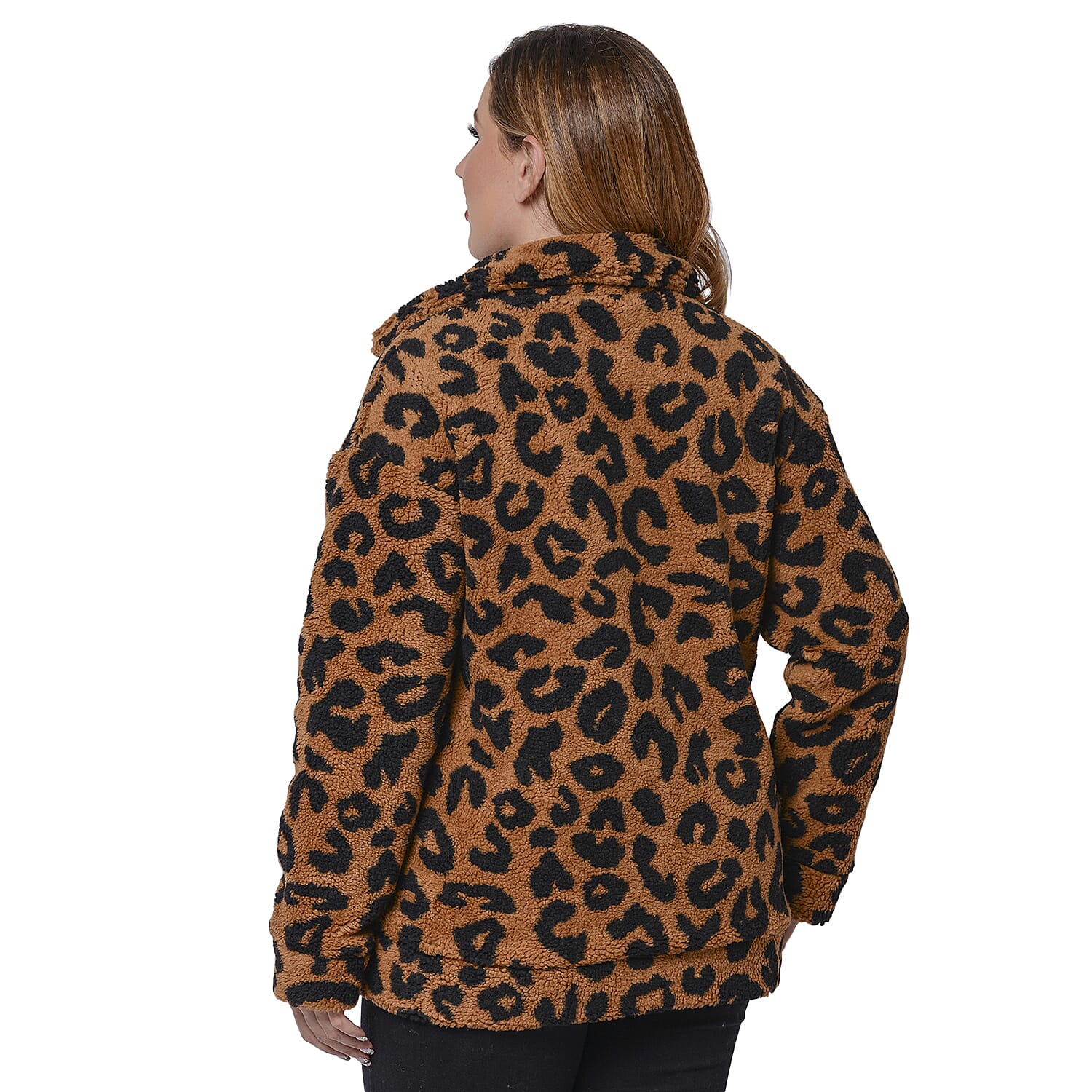 Leopard Pattern Faux Fur Coat with Pockets