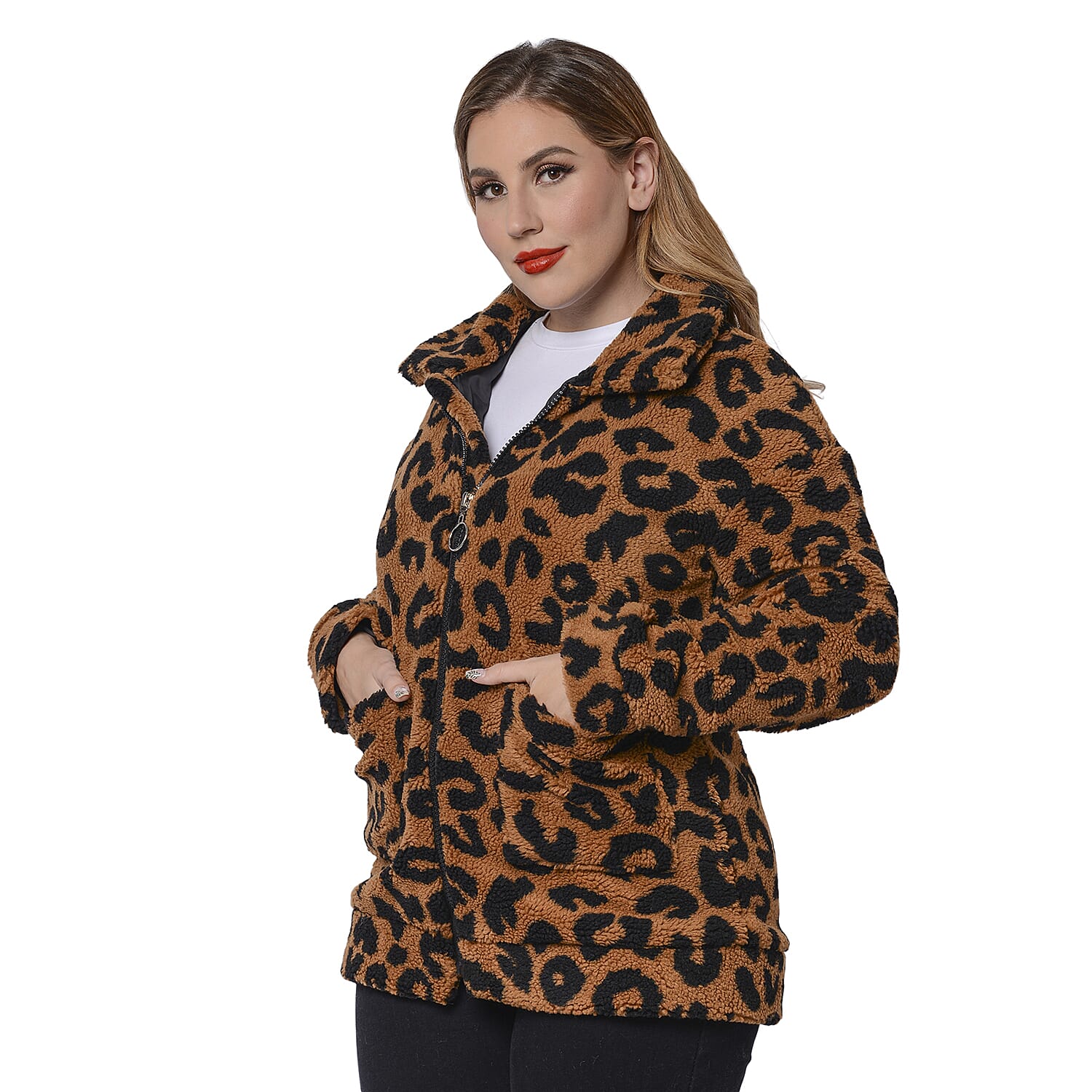 Leopard Pattern Faux Fur Coat with Pockets