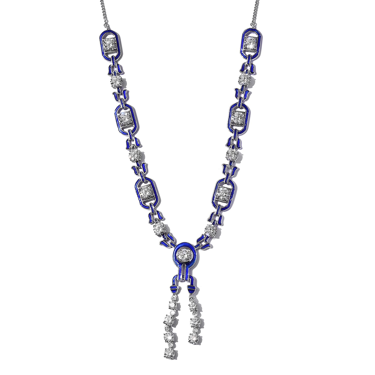 Lustro Stella Platinum Overlay Sterling Silver Enamelled Necklace (Size 20 with Ext.) Made with Finest CZ 25.89 Ct, Silver wt. 27.56 Gms