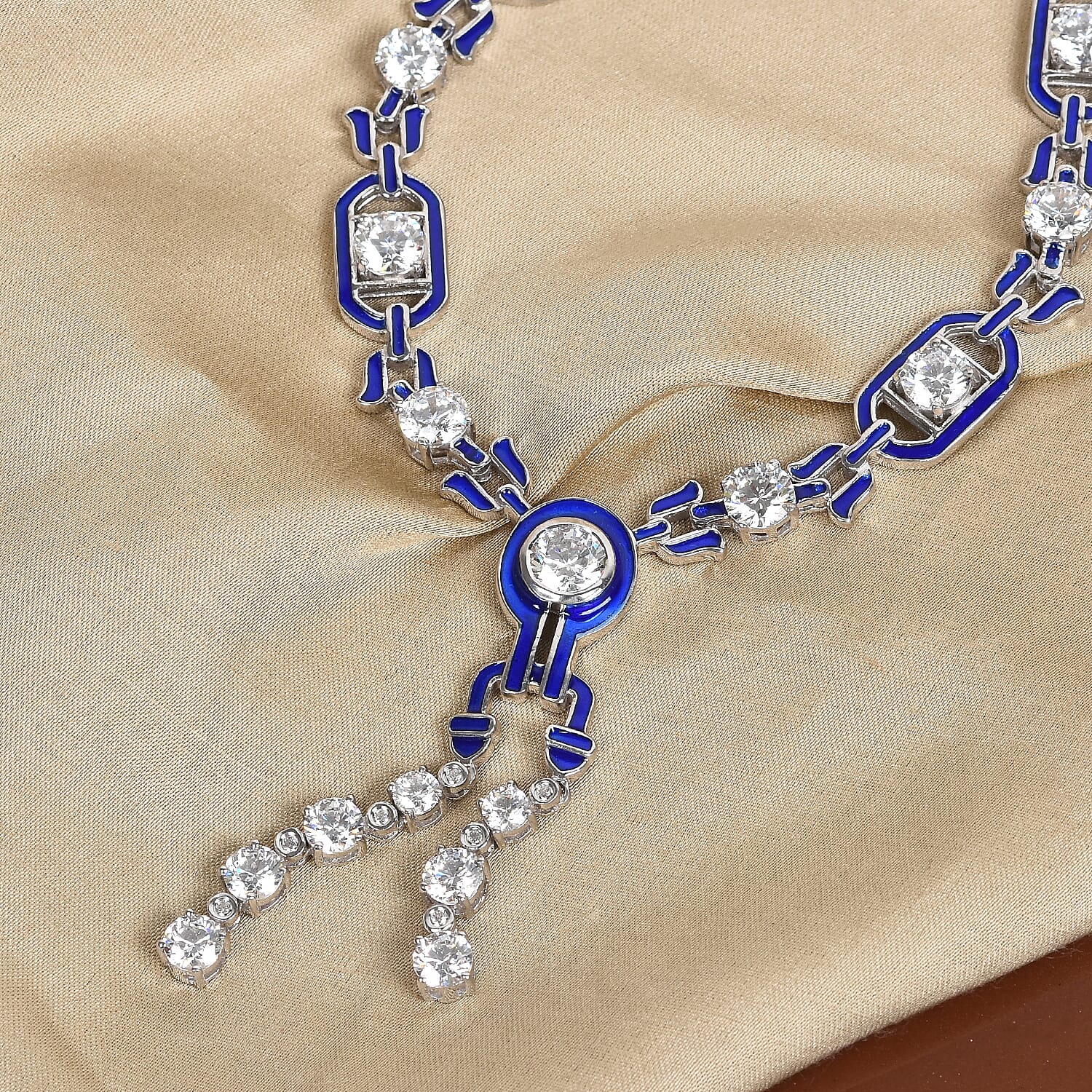 Lustro Stella Platinum Overlay Sterling Silver Enamelled Necklace (Size 20 with Ext.) Made with Finest CZ 25.89 Ct, Silver wt. 27.56 Gms