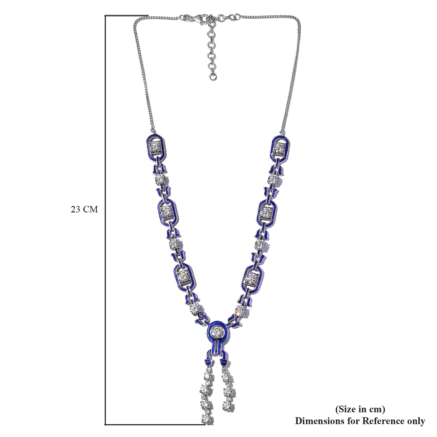 Lustro Stella Platinum Overlay Sterling Silver Enamelled Necklace (Size 20 with Ext.) Made with Finest CZ 25.89 Ct, Silver wt. 27.56 Gms