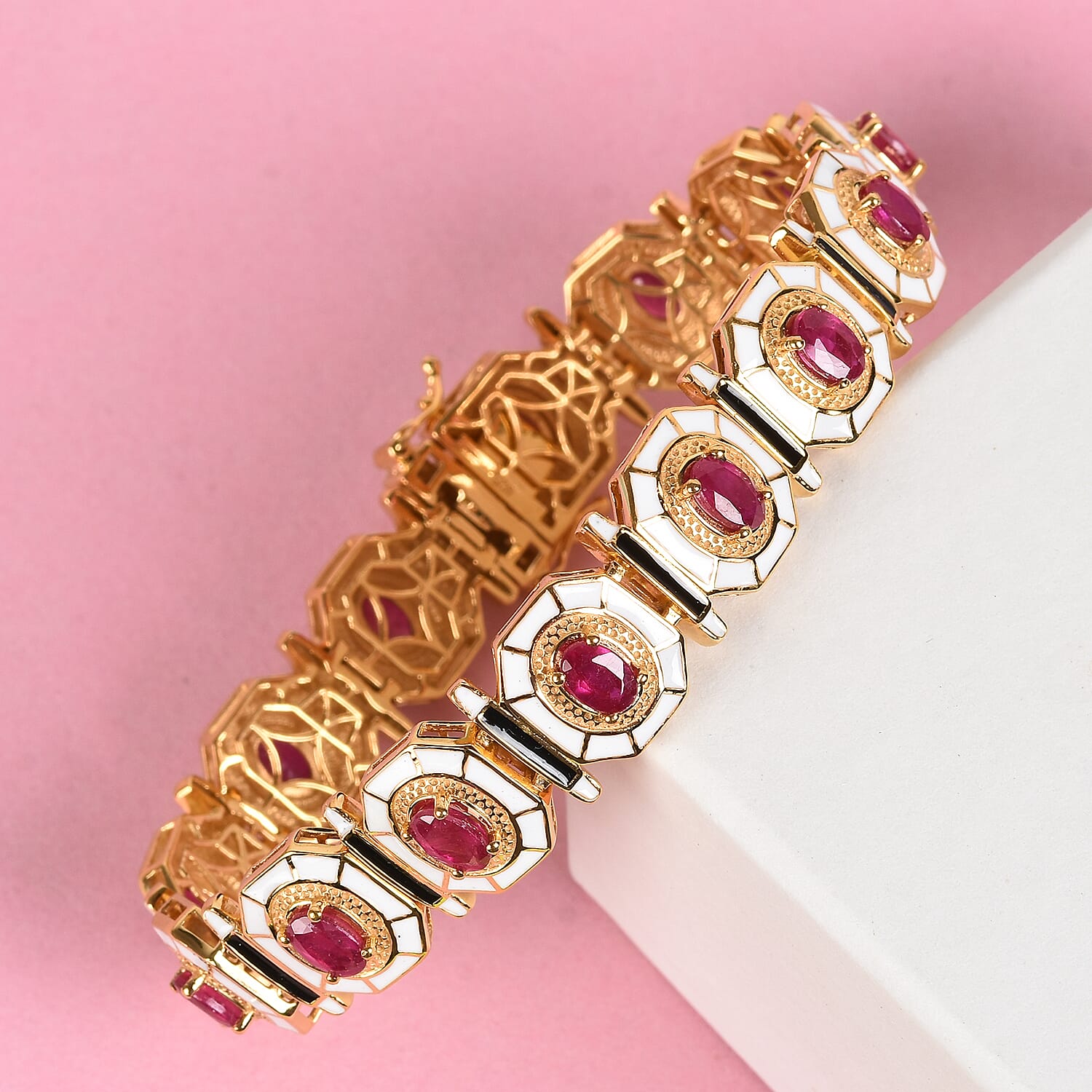 African Ruby Enamelled Bracelet (Size 7.5) in 14K Gold Overlay Sterling Silver 9.00 Ct, Silver wt 25.00 Gms