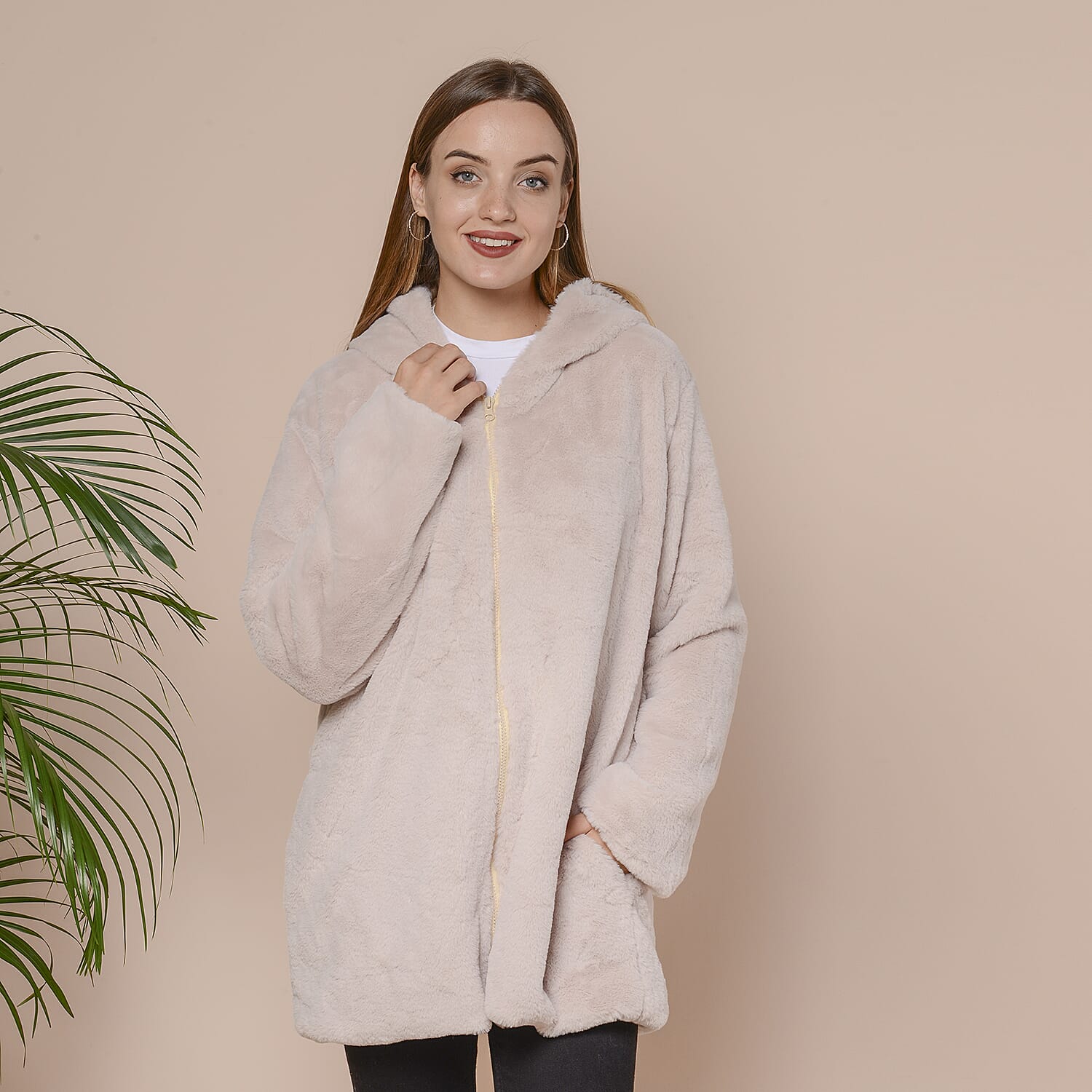 Supersoft Faux Fur Coat with Two Pockets and Zipper Closure  - Beige