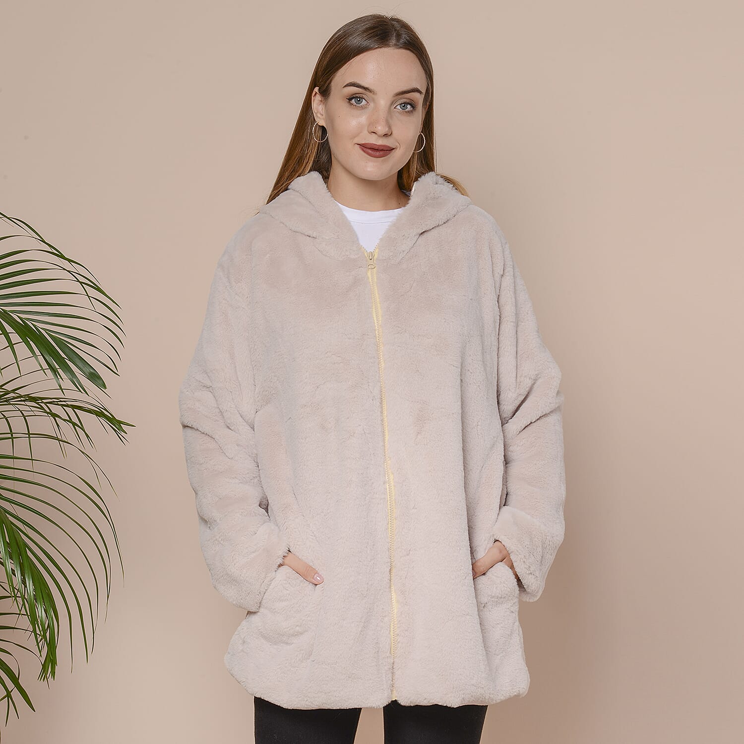 Supersoft Faux Fur Coat with Two Pockets and Zipper Closure  - Beige