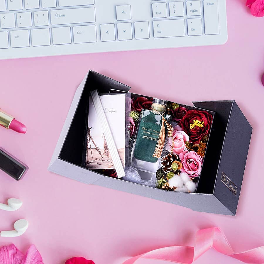 The 5th Season - 150ml Reed Diffuser Air Freshener in Gift Box with Artificial Flower - Teal Green (Grasse Amorous Fragrance)