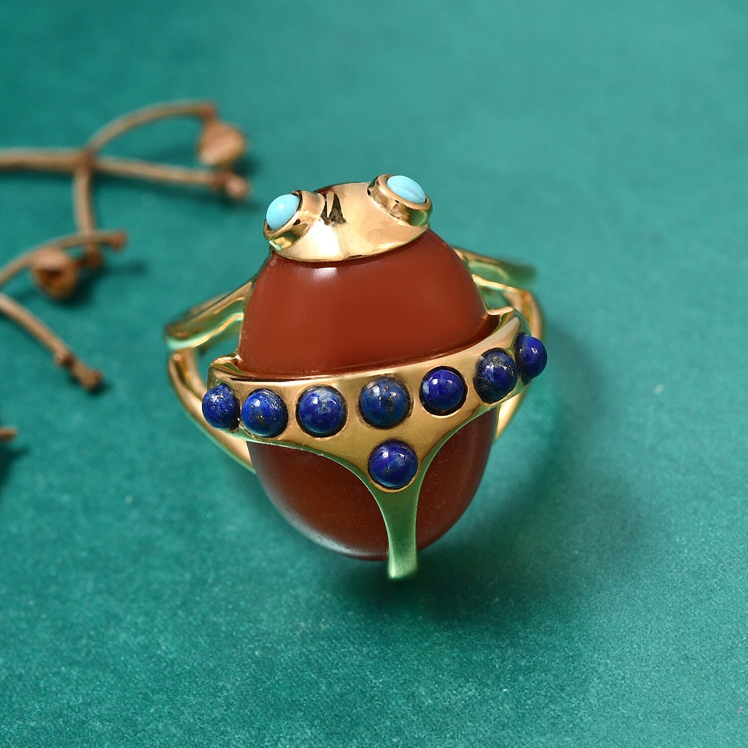Sundays Child - Red Jade, Arizona Sleeping Beauty Turquoise and Lapis Lazuli Beetle Ring in 14K Gold Overlay Sterling Silver 14.26 Ct.