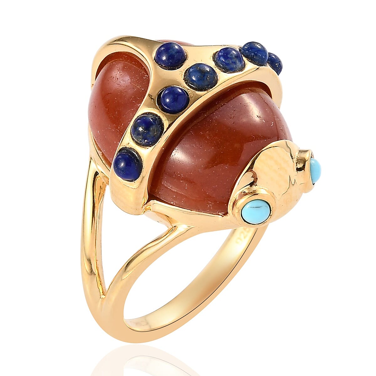 Sundays Child - Red Jade, Arizona Sleeping Beauty Turquoise and Lapis Lazuli Beetle Ring in 14K Gold Overlay Sterling Silver 14.26 Ct.