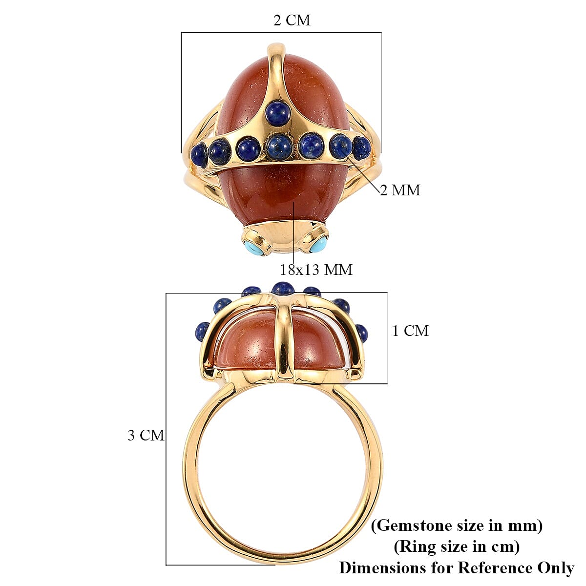 Sundays Child - Red Jade, Arizona Sleeping Beauty Turquoise and Lapis Lazuli Beetle Ring in 14K Gold Overlay Sterling Silver 14.26 Ct.