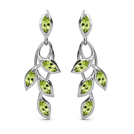 D'Joy - Hebei Peridot Leaf Vine Dangling Earrings with Push Back in Platinum Overlay Sterling Silver 1.63 Ct.