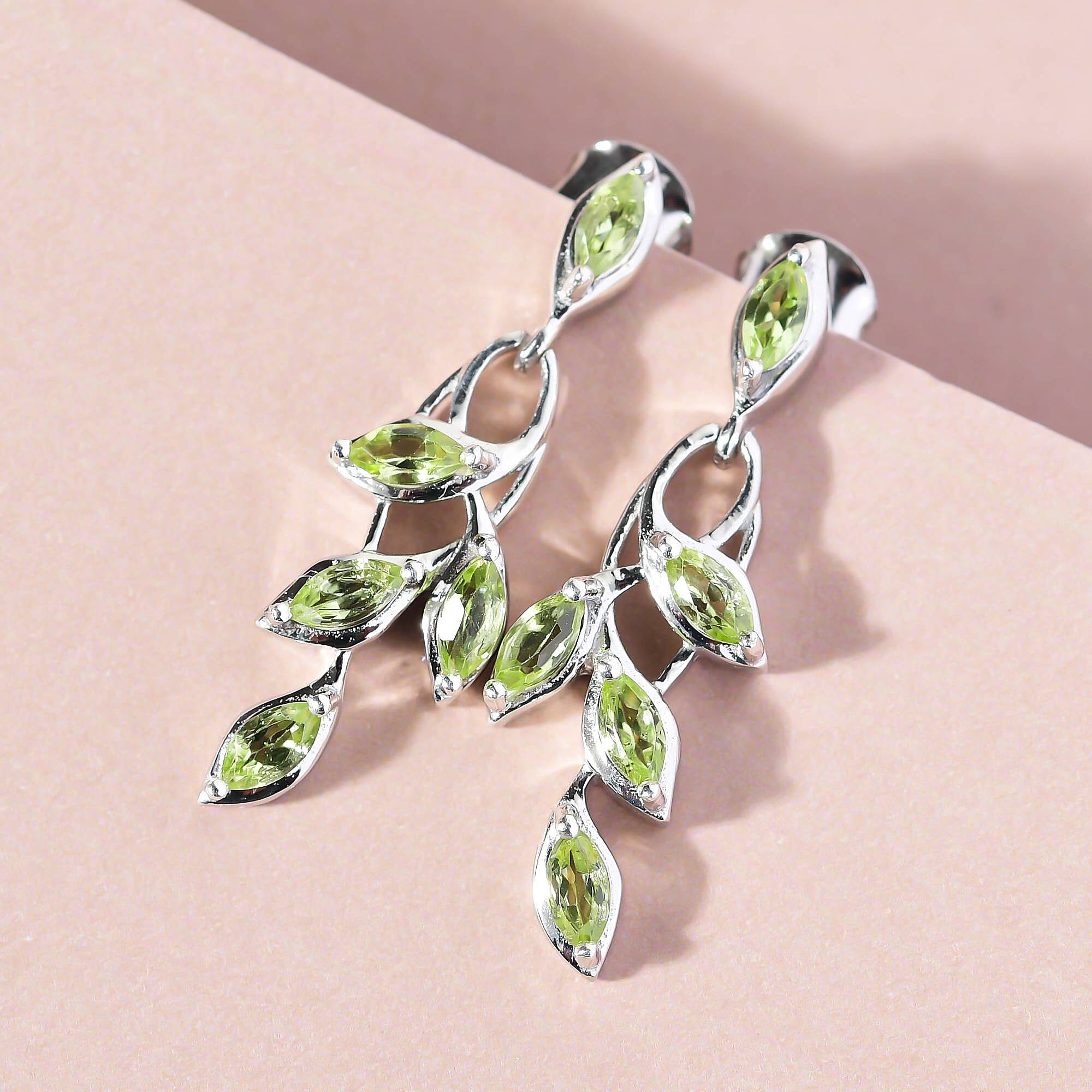 D'Joy - Hebei Peridot Leaf Vine Dangling Earrings with Push Back in Platinum Overlay Sterling Silver 1.63 Ct.