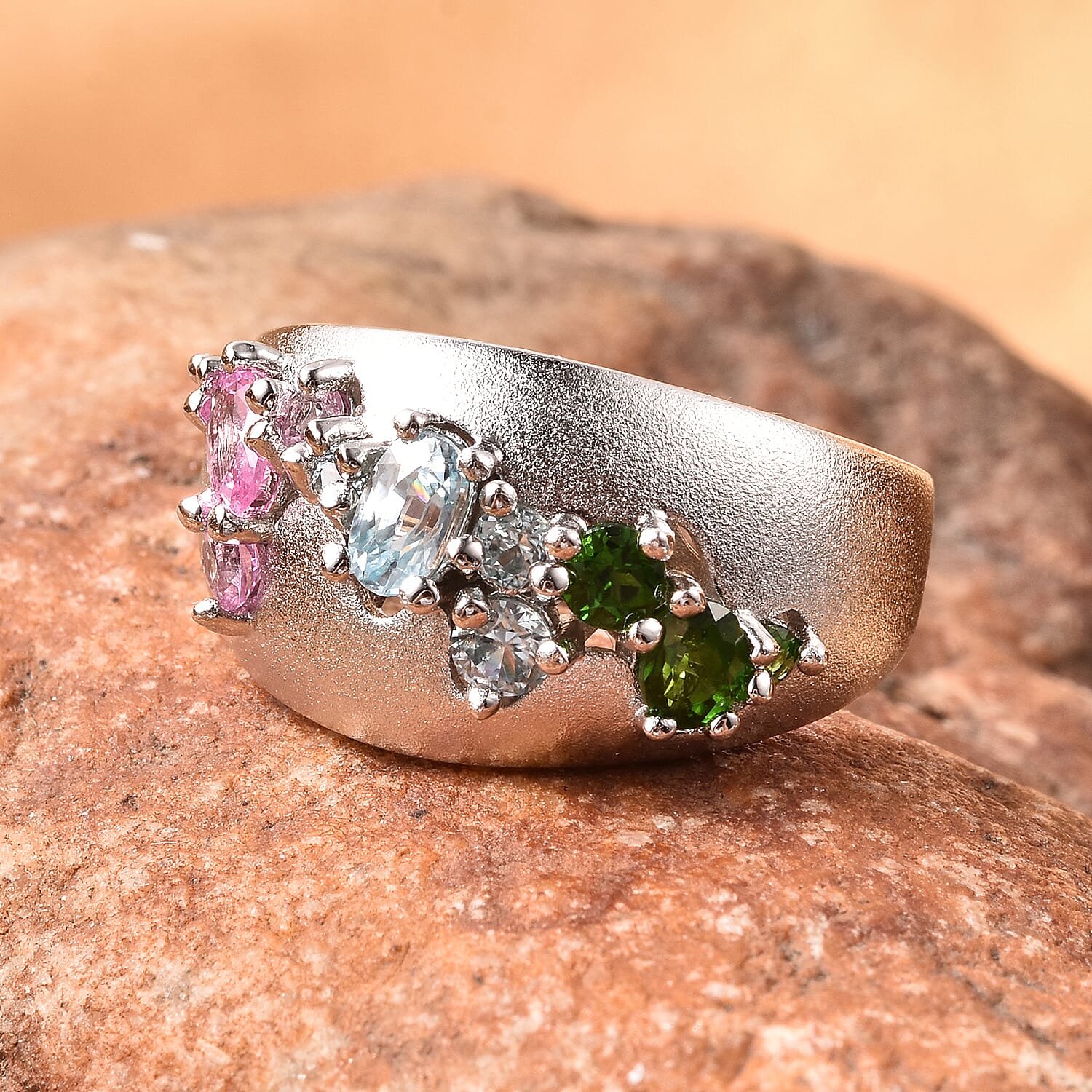 RACHEL GALLEY Sandblast Collection  - Madagascar Pink Sapphire, Chrome Diopside and Cambodian Blue Zircon Ring in Rhodium Overlay Sterling Silver 1.63 Ct.