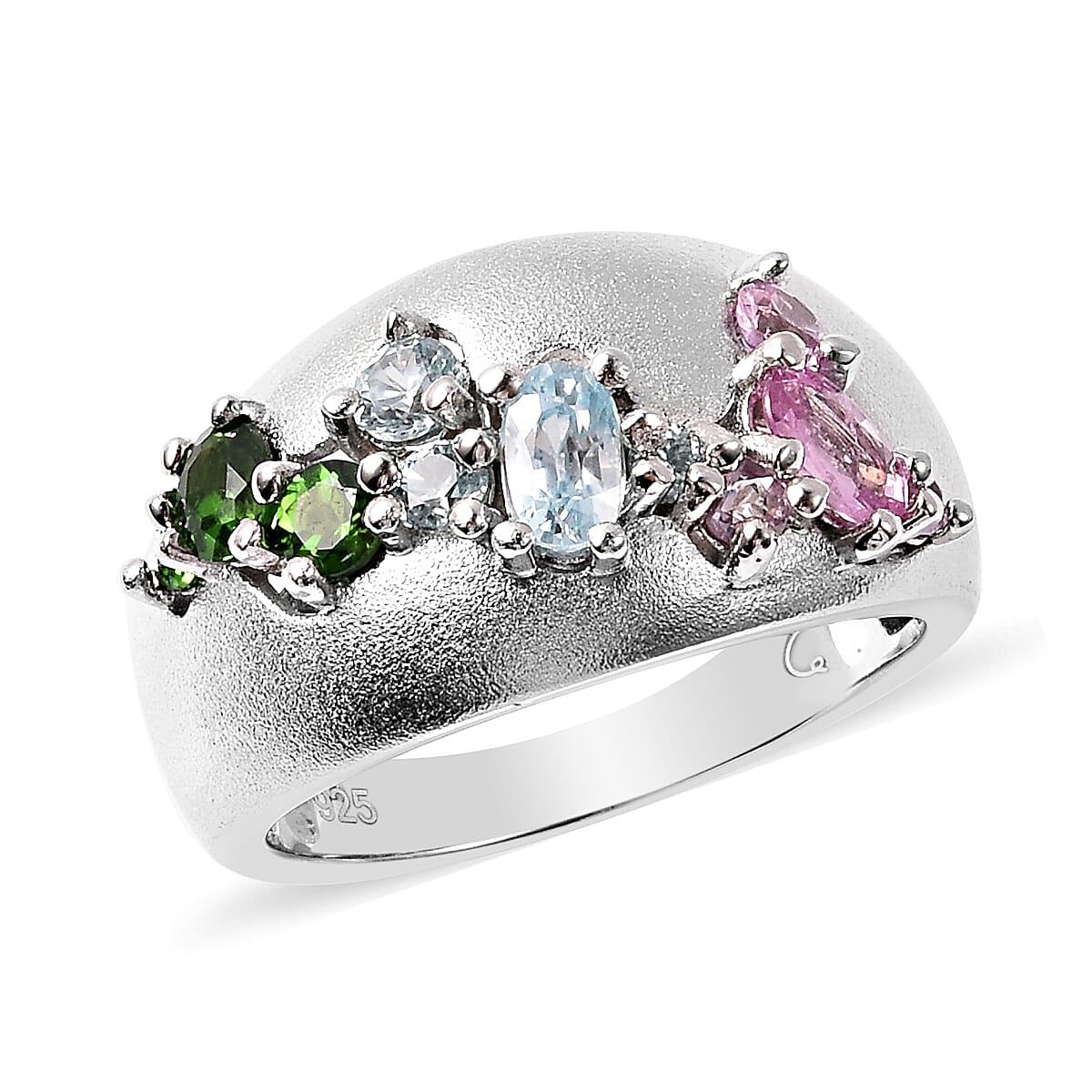 RACHEL GALLEY Sandblast Collection  - Madagascar Pink Sapphire, Chrome Diopside and Cambodian Blue Zircon Ring in Rhodium Overlay Sterling Silver 1.63 Ct.