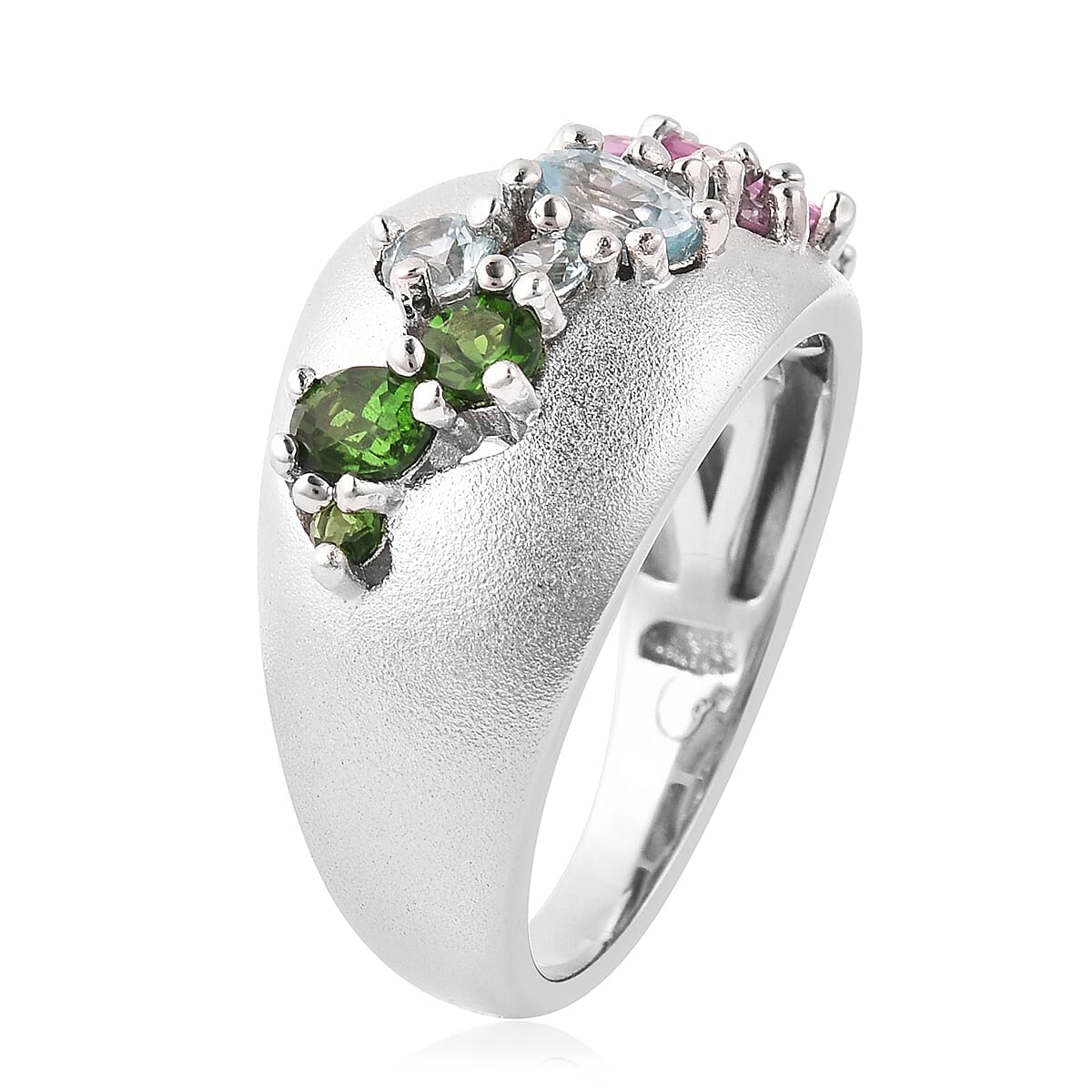 RACHEL GALLEY Sandblast Collection  - Madagascar Pink Sapphire, Chrome Diopside and Cambodian Blue Zircon Ring in Rhodium Overlay Sterling Silver 1.63 Ct.