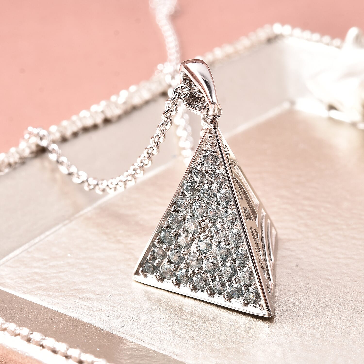 Isabella Liu Sea Rhyme Collection - AA Ratanakiri Blue Zircon Pyramid Shape Pendant with Chain (Size 30) in Rhodium Overlay Sterling Silver 1.68 Ct, Silver wt 12.66 Gms
