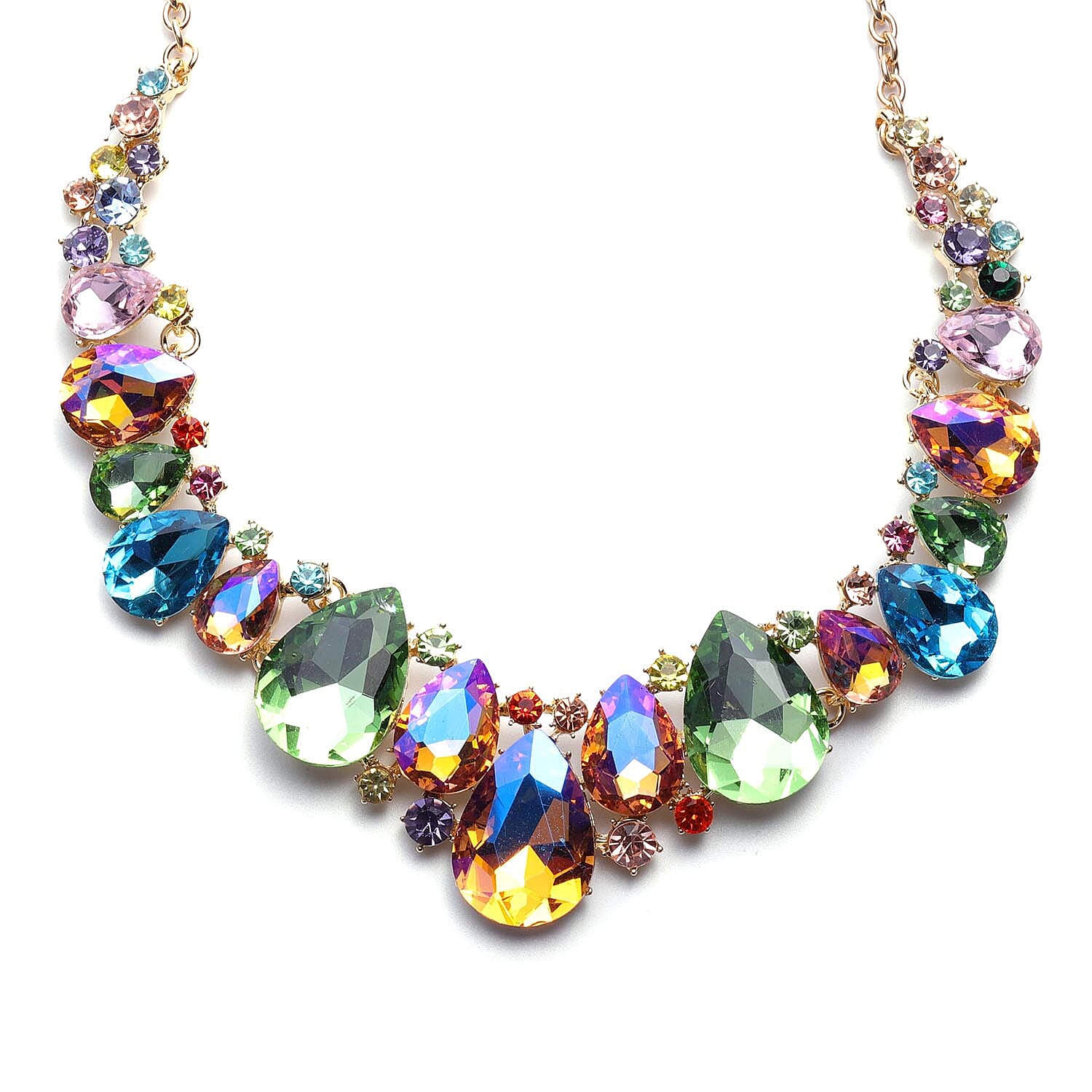 Multi Colour Austrian Crystal, Simulated Multi Colour Gemstone Necklace (Size 23) in Yellow Gold Tone