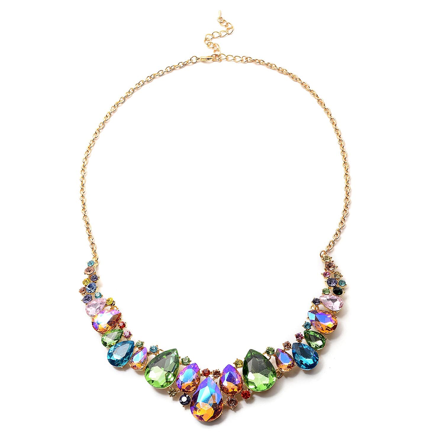 Multi Colour Austrian Crystal, Simulated Multi Colour Gemstone Necklace (Size 23) in Yellow Gold Tone