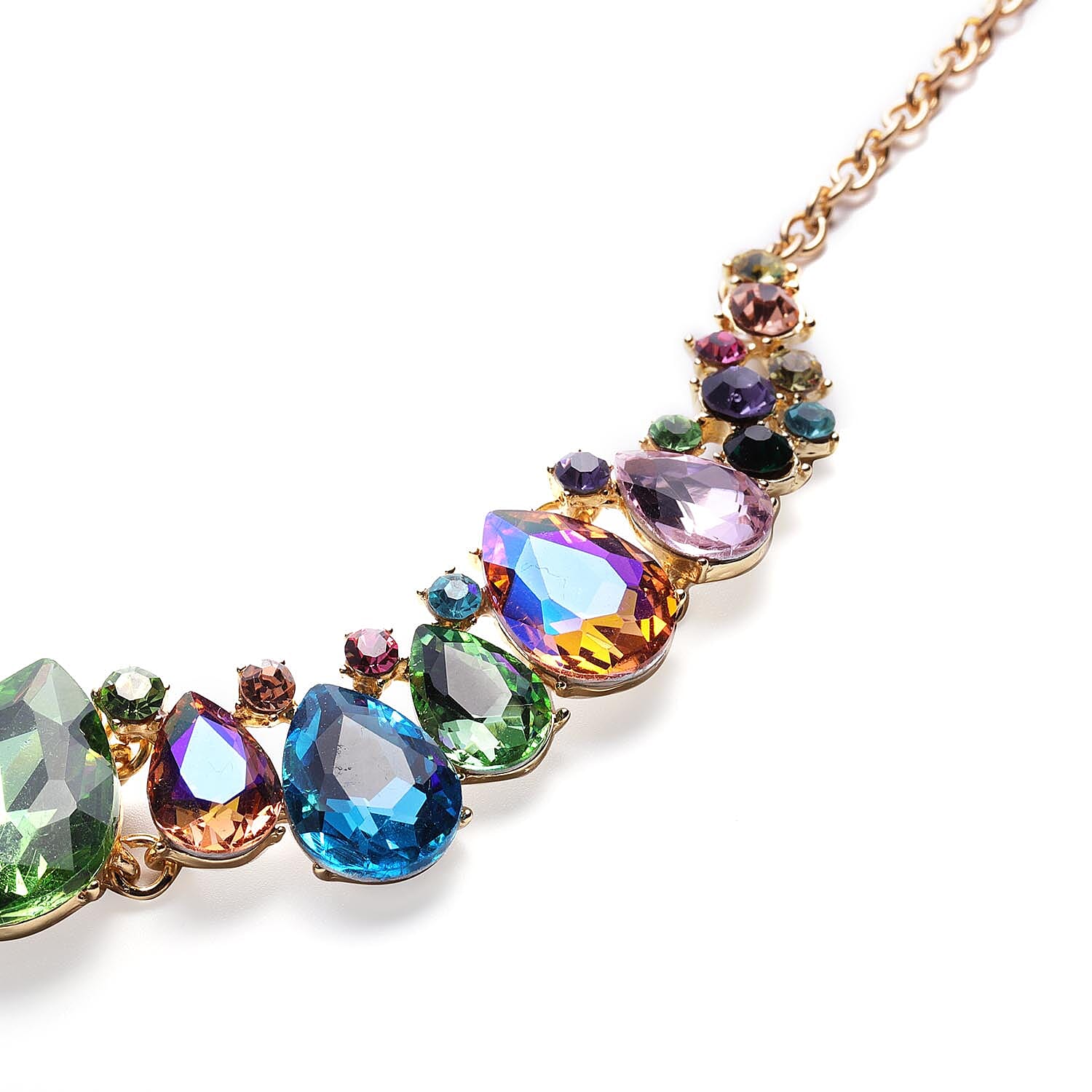Multi Colour Austrian Crystal, Simulated Multi Colour Gemstone Necklace (Size 23) in Yellow Gold Tone