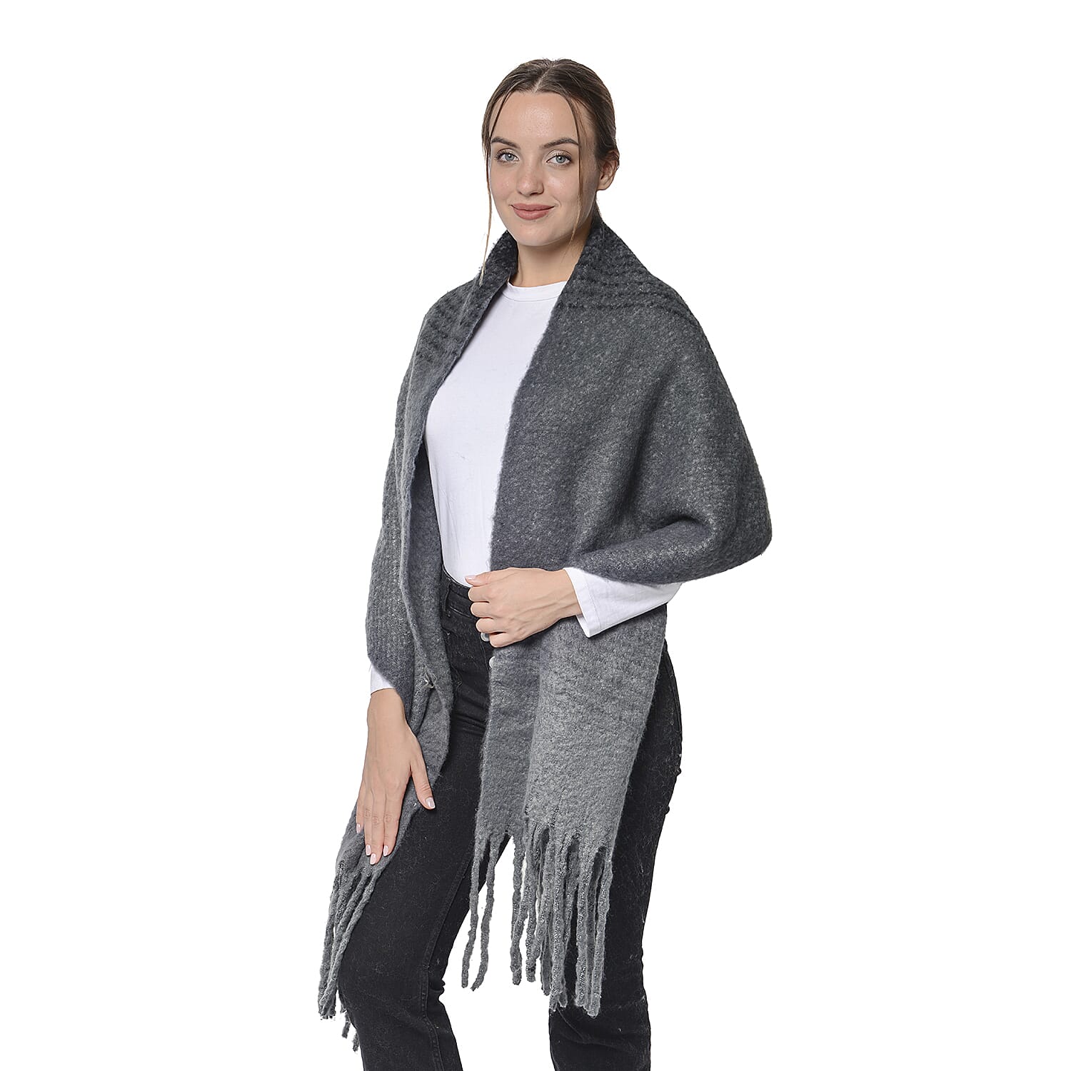 Grey and Black Colour Ladies Scarf with Tassels (Size 45x190+18cm)