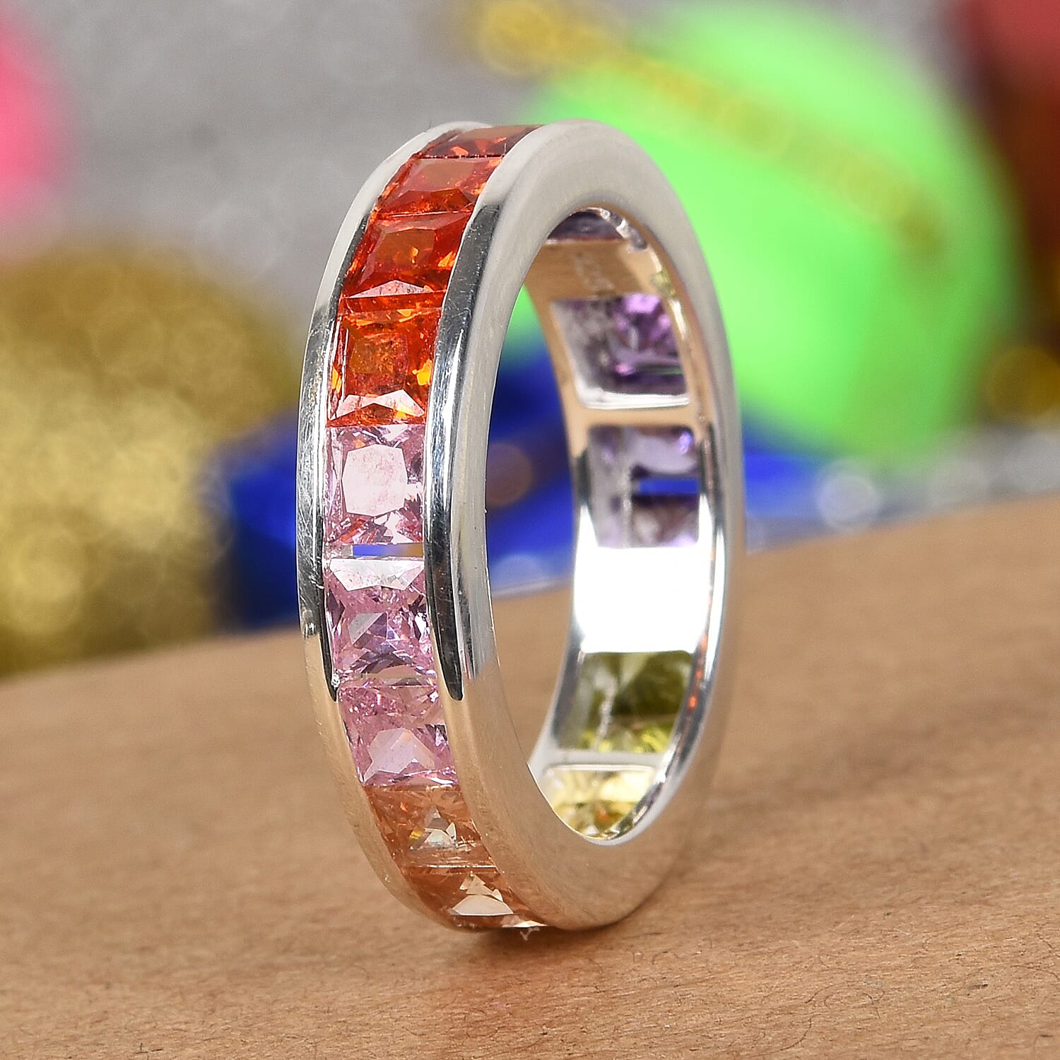 Simulated Multi Colour Gemstone Full-Eternity Band Ring in Sterling Silver