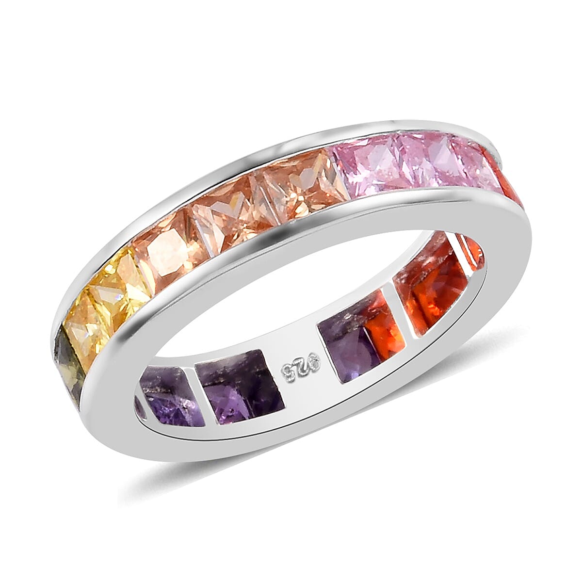 Elanza- Designer Inspired - Princess Cut Channel Set Simulated Rainbow Sapphire Ring in Sterling Silver Ring Ct wt 3.82 Cts