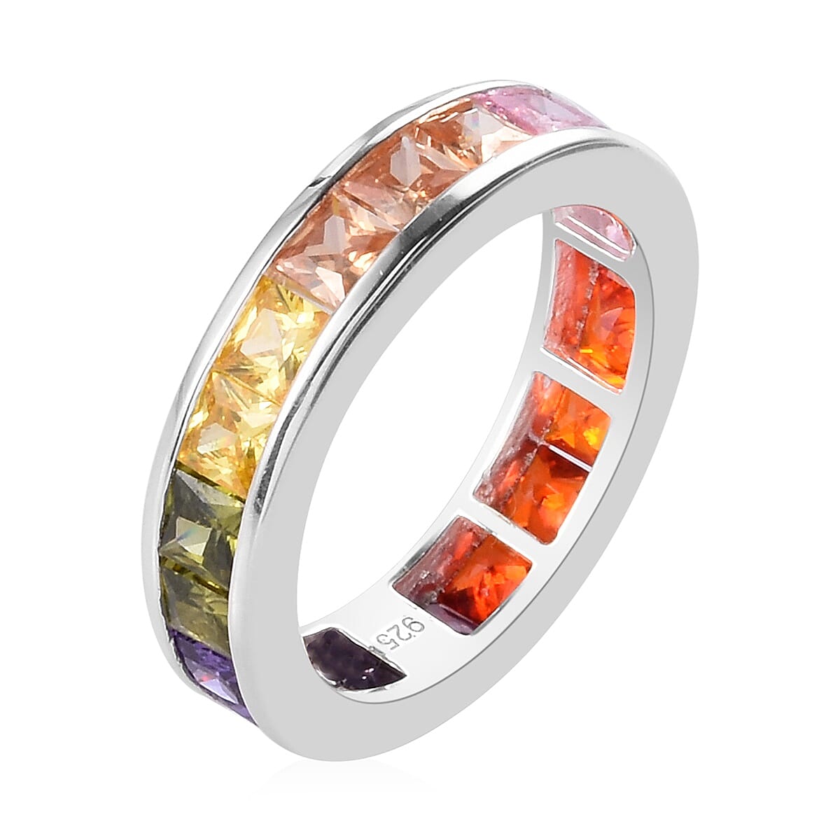 Elanza- Designer Inspired - Princess Cut Channel Set Simulated Rainbow Sapphire Ring in Sterling Silver Ring Ct wt 3.82 Cts