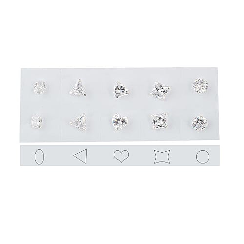 Set of 5 - Simulated Diamond Princess, Round, Oval, Heart and Trillion Shape Earrings (with INDIVIDUAL STERLING SILVER Push Backs) in Sterling Silver