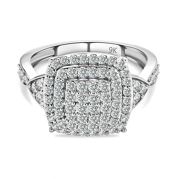 1 Carat Natural Diamond Cluster Ring in 9K White Gold SGL Certified I3 ...