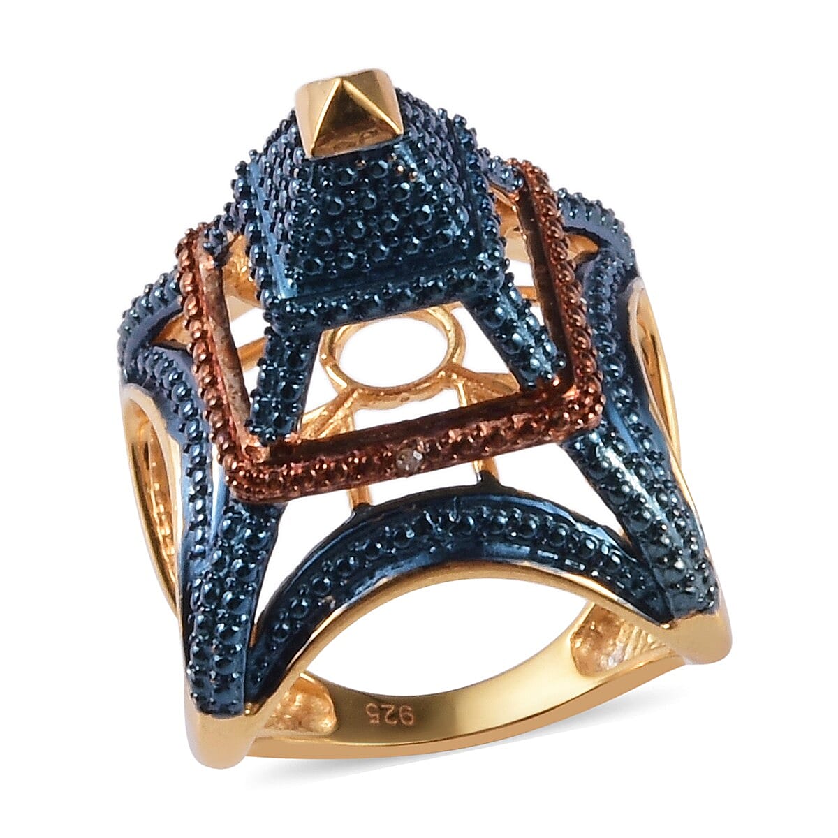 Blue and Champagne Diamond Eiffel Tower Ring in 14K Gold Overlay Sterling Silver, Silver wt. 8.50 Gms