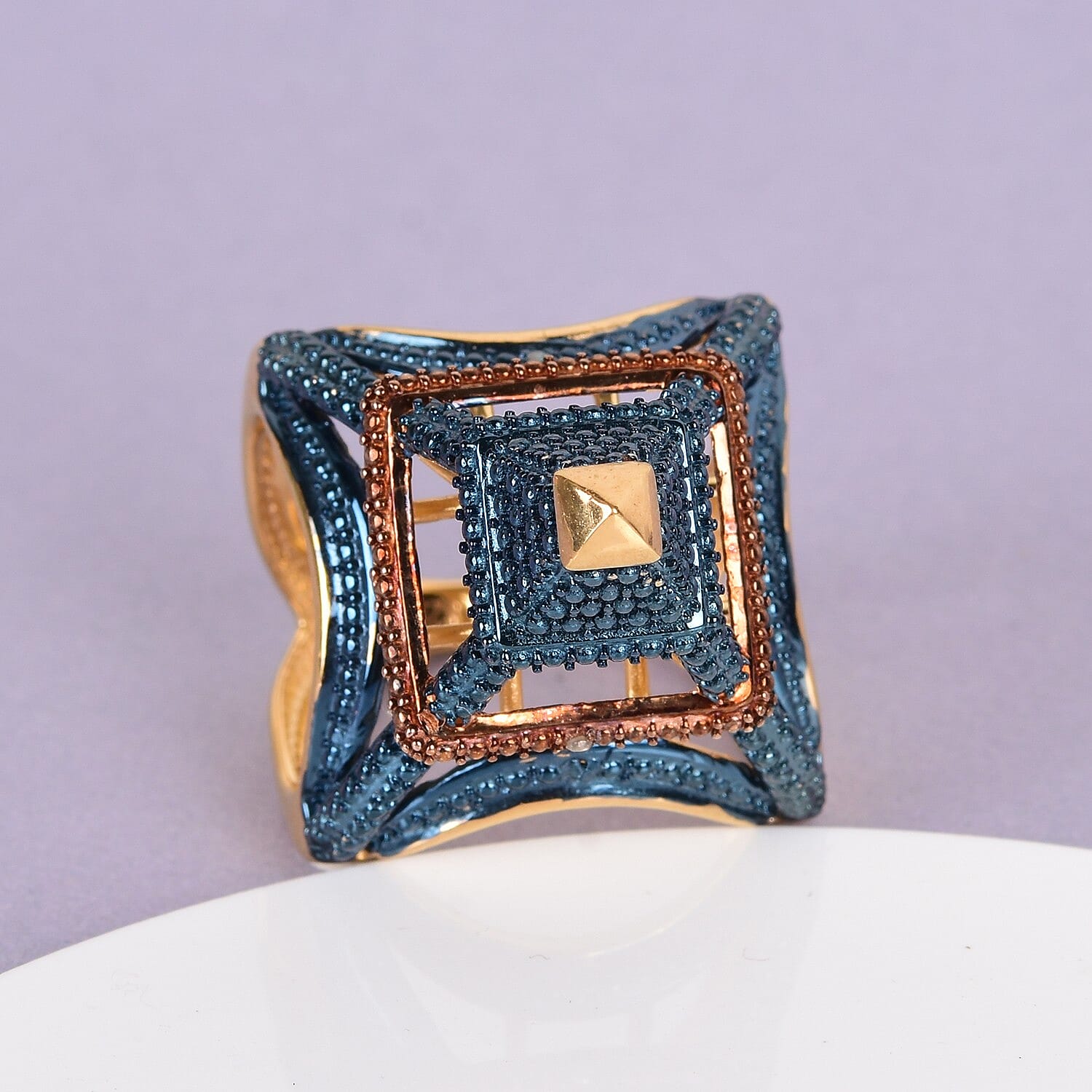 Blue and Champagne Diamond Eiffel Tower Ring in 14K Gold Overlay Sterling Silver, Silver wt. 8.50 Gms