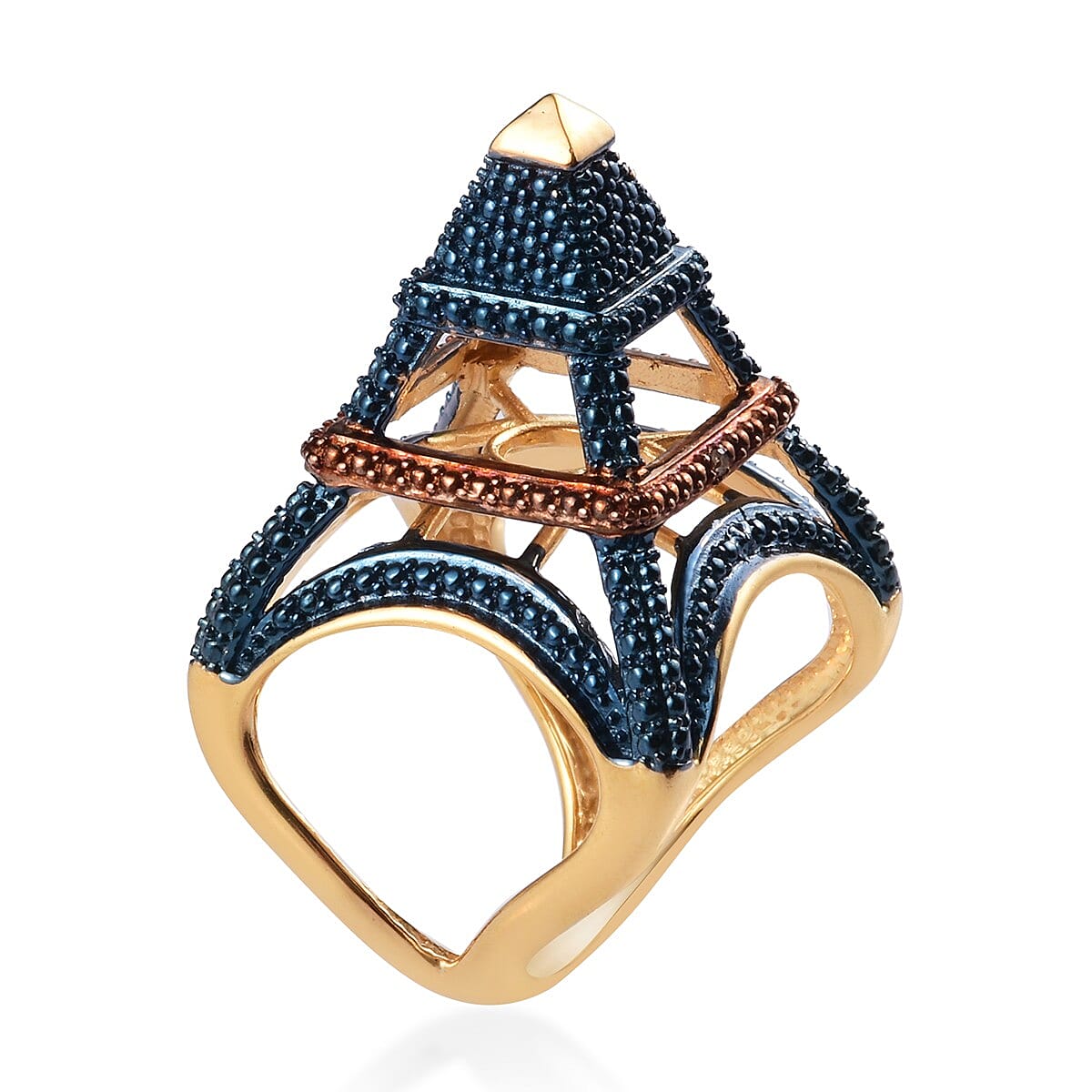 Blue and Champagne Diamond Eiffel Tower Ring in 14K Gold Overlay Sterling Silver, Silver wt. 8.50 Gms