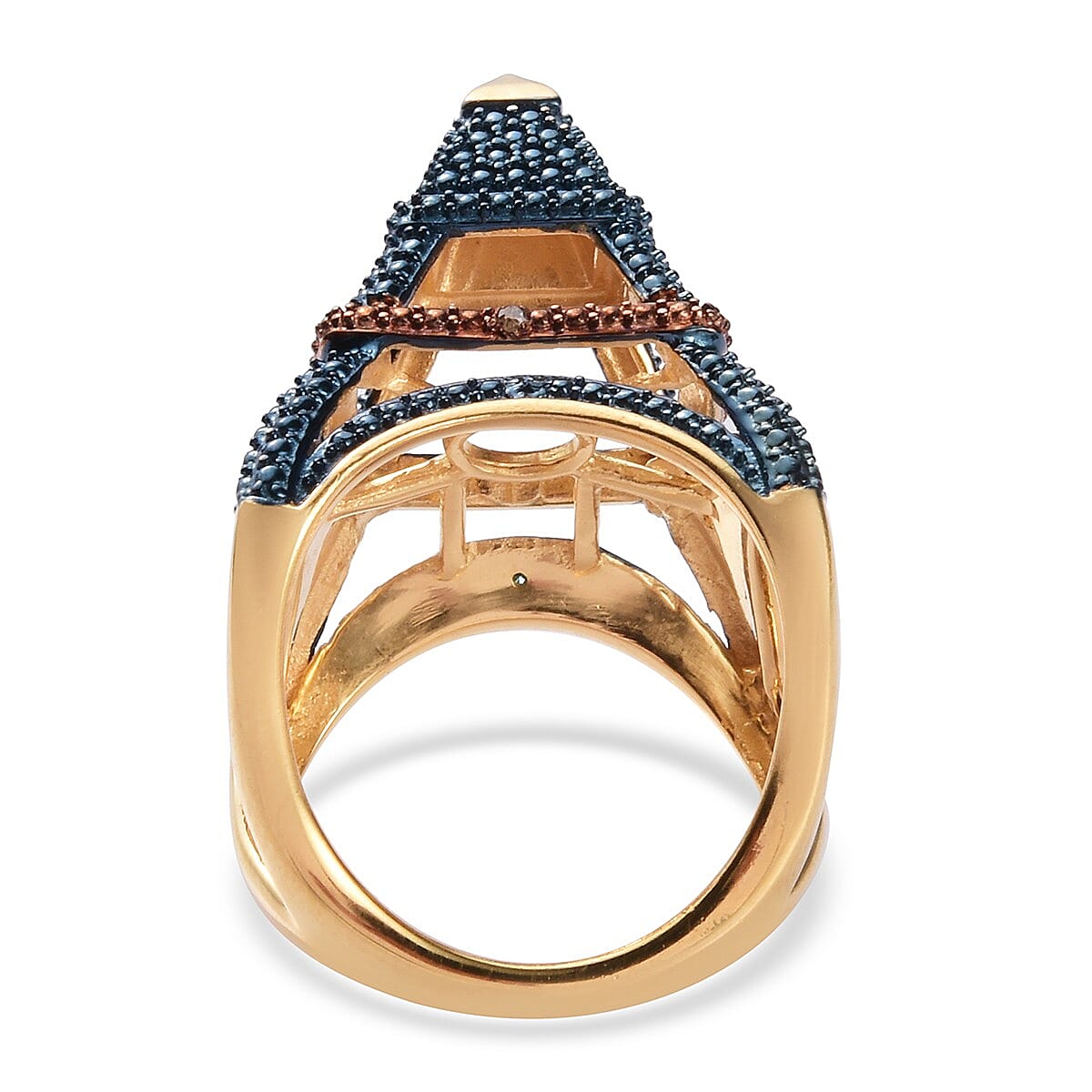 Blue and Champagne Diamond Eiffel Tower Ring in 14K Gold Overlay Sterling Silver, Silver wt. 8.50 Gms