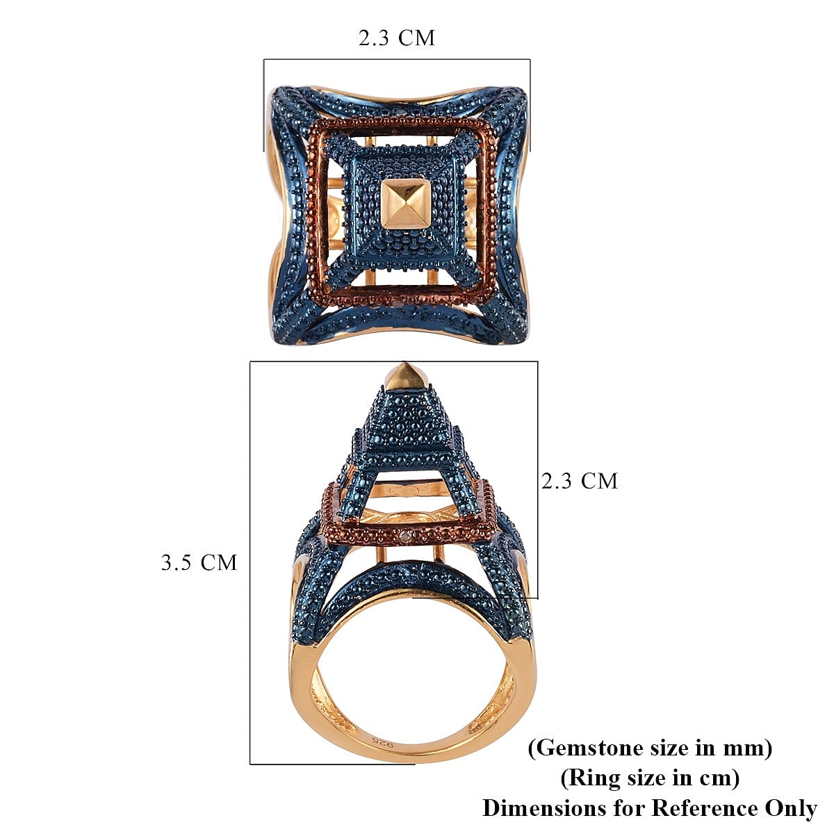Blue and Champagne Diamond Eiffel Tower Ring in 14K Gold Overlay Sterling Silver, Silver wt. 8.50 Gms