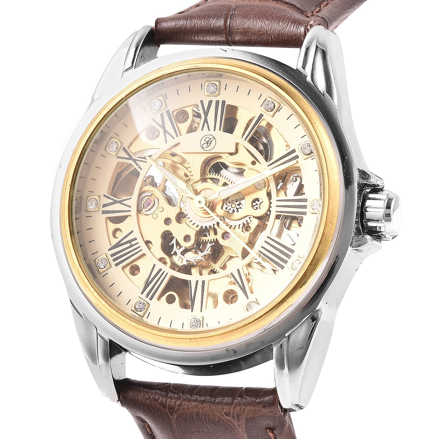 GENOA Automatic Mechanical Movement White Austrian Crystal Studded Water Resistant Skeleton Watch with Brown Leather Strap