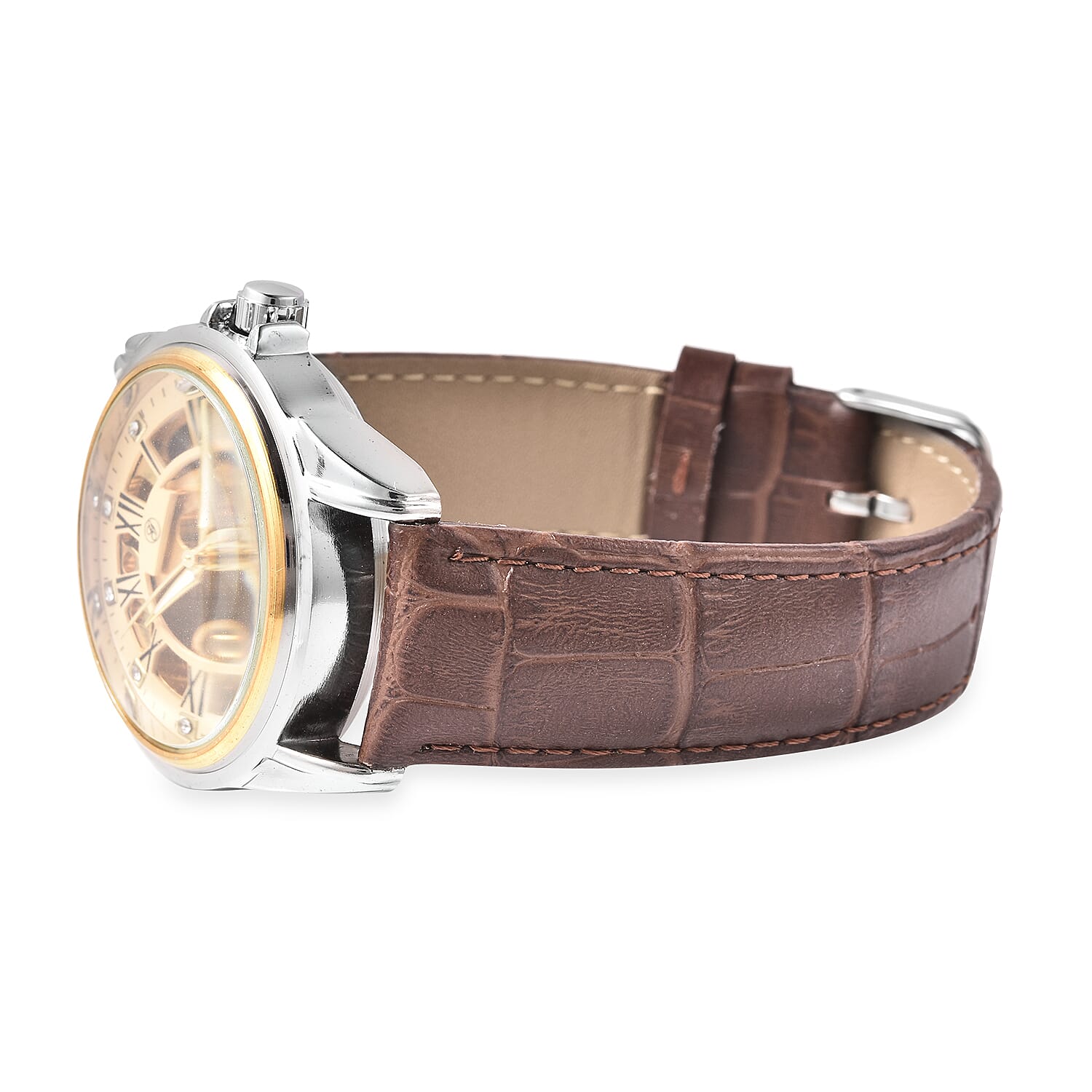 GENOA Automatic Mechanical Movement White Austrian Crystal Studded Water Resistant Skeleton Watch with Brown Leather Strap