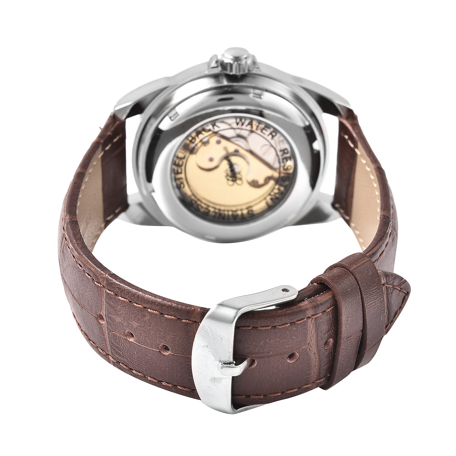 GENOA Automatic Mechanical Movement White Austrian Crystal Studded Water Resistant Skeleton Watch with Brown Leather Strap