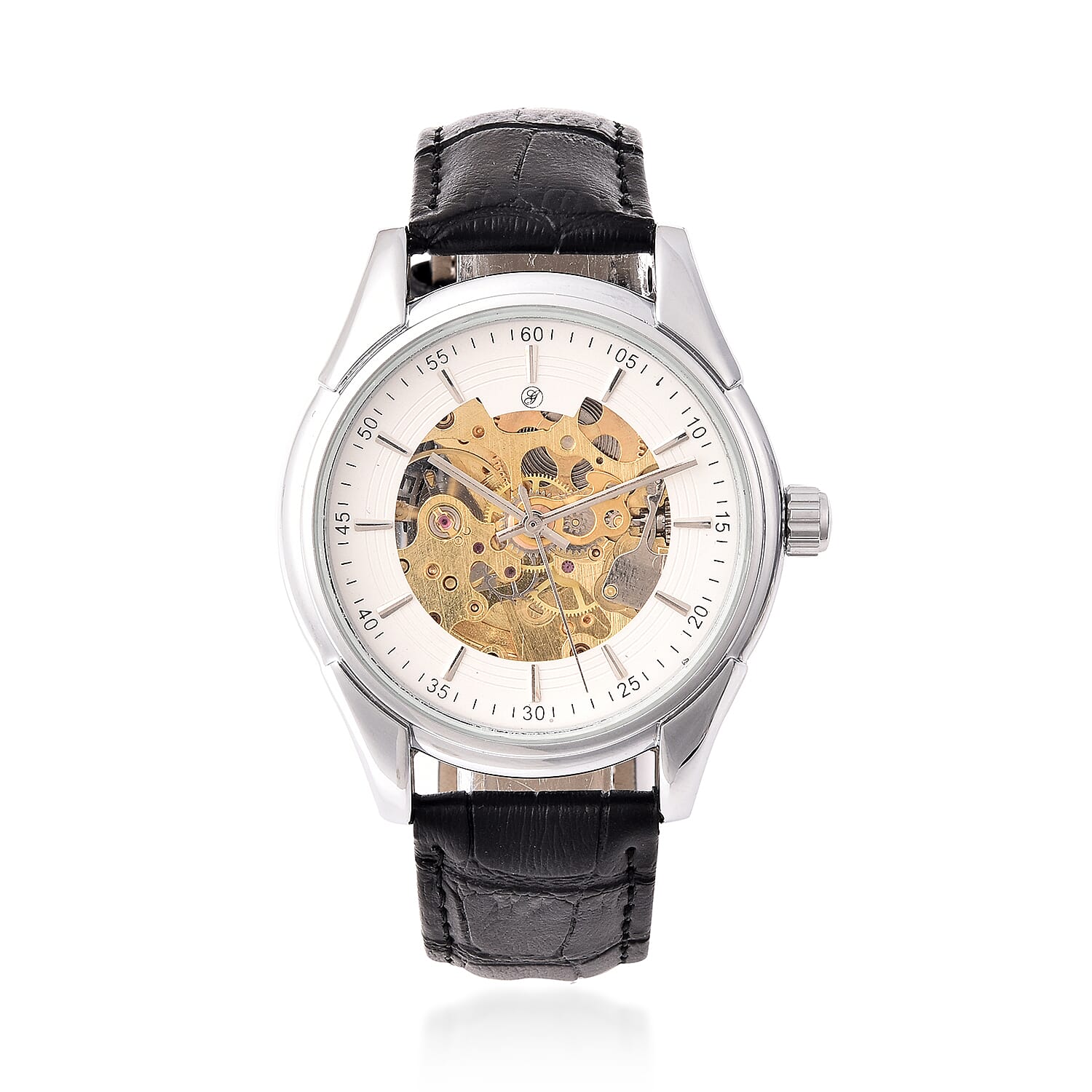 GENOA Automatic Mechanical Movement White Dial Water Resistant Skeleton Watch with Black Leather Strap