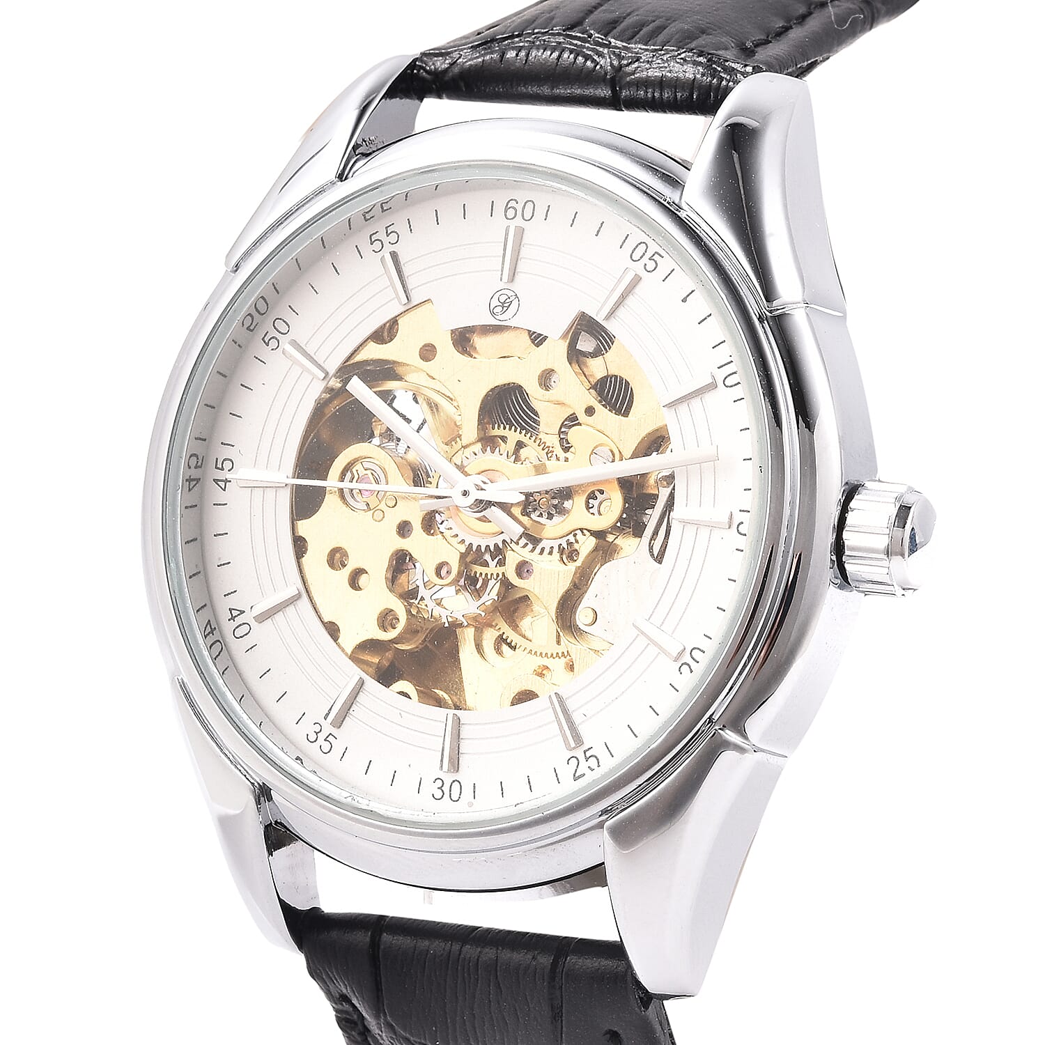 GENOA Automatic Mechanical Movement White Dial Water Resistant Skeleton Watch with Black Leather Strap