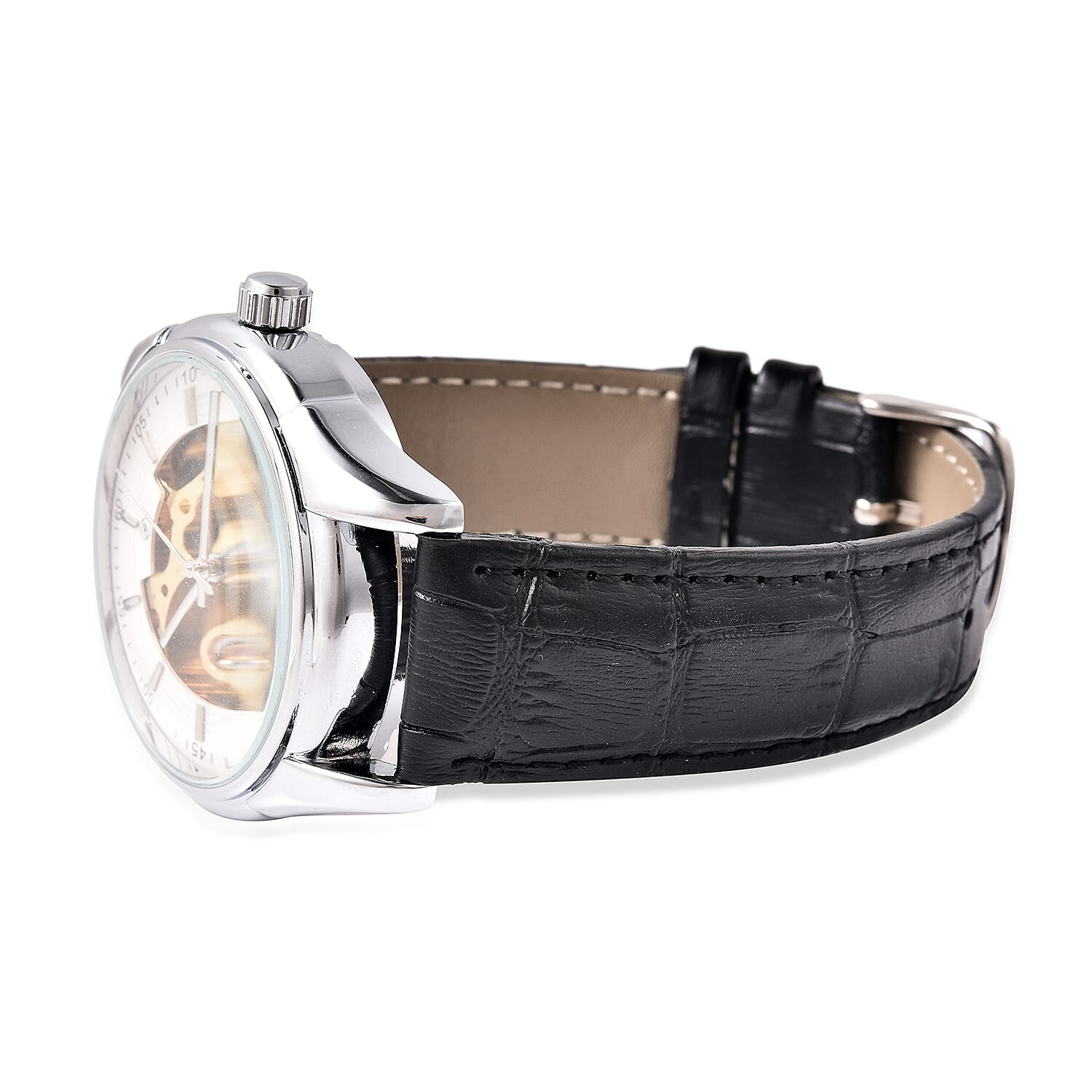 GENOA Automatic Mechanical Movement White Dial Water Resistant Skeleton Watch with Black Leather Strap