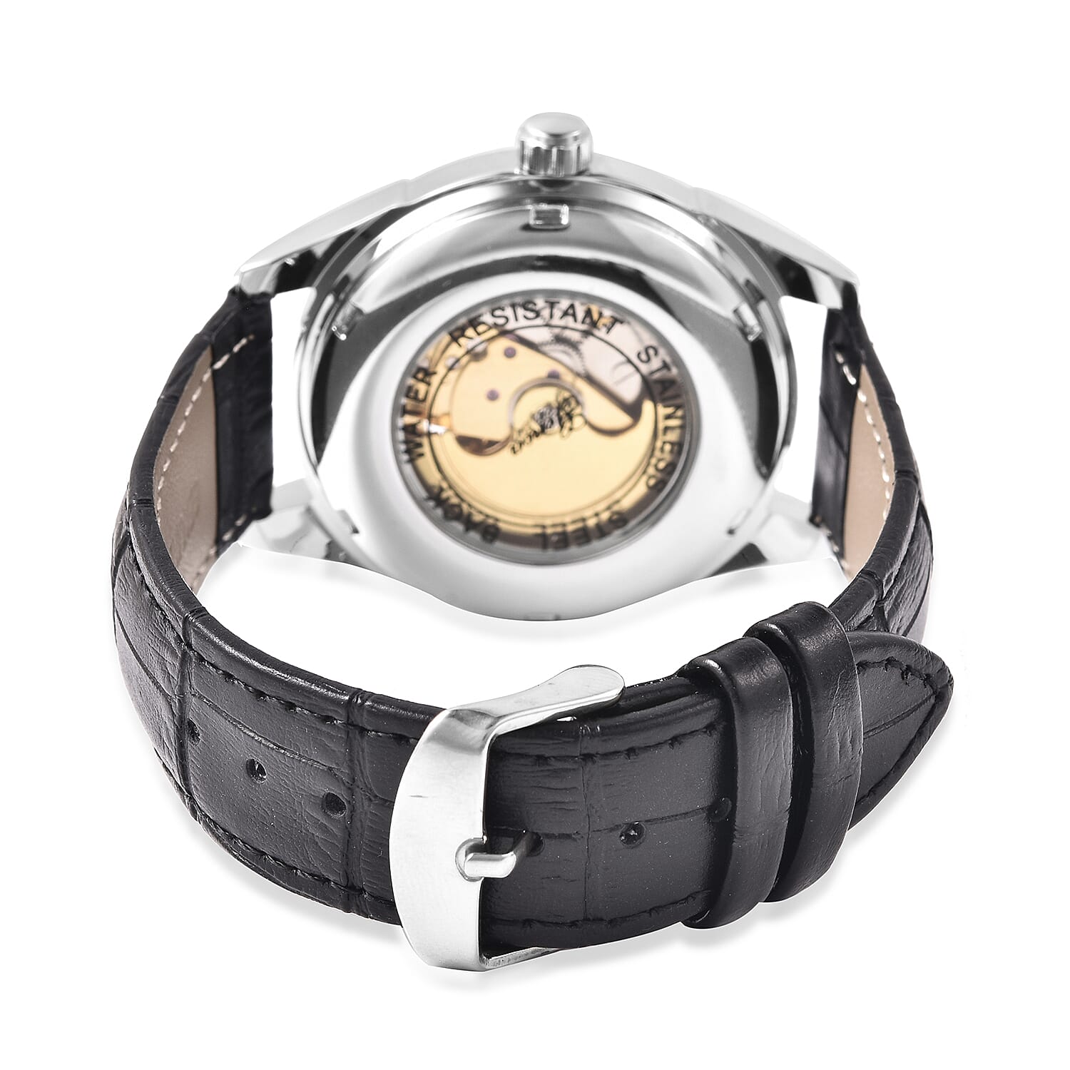 GENOA Automatic Mechanical Movement White Dial Water Resistant Skeleton Watch with Black Leather Strap