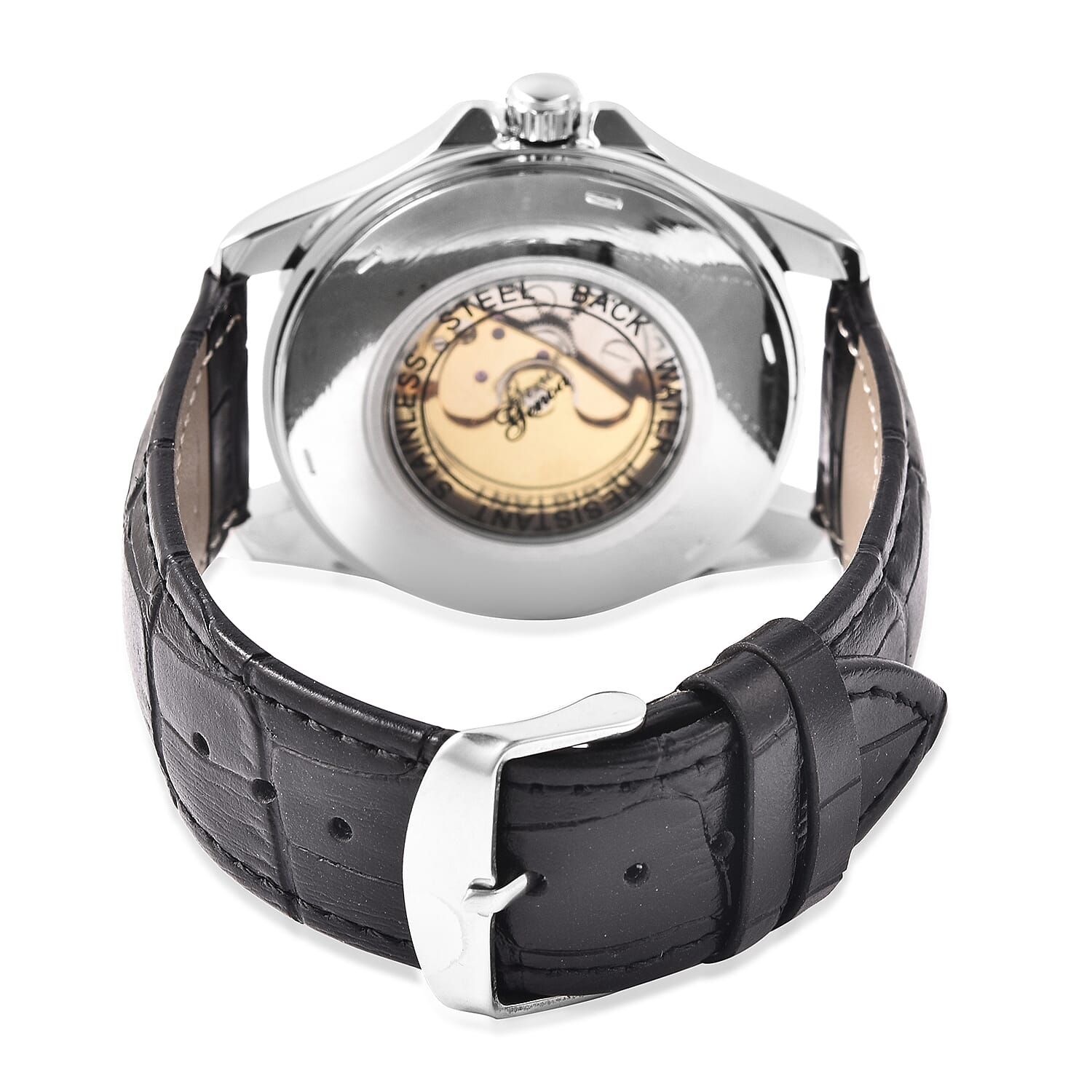 GENOA Automatic Mechanical Movement Blue Dial Water Resistant Skeleton Watch with Black Leather Strap