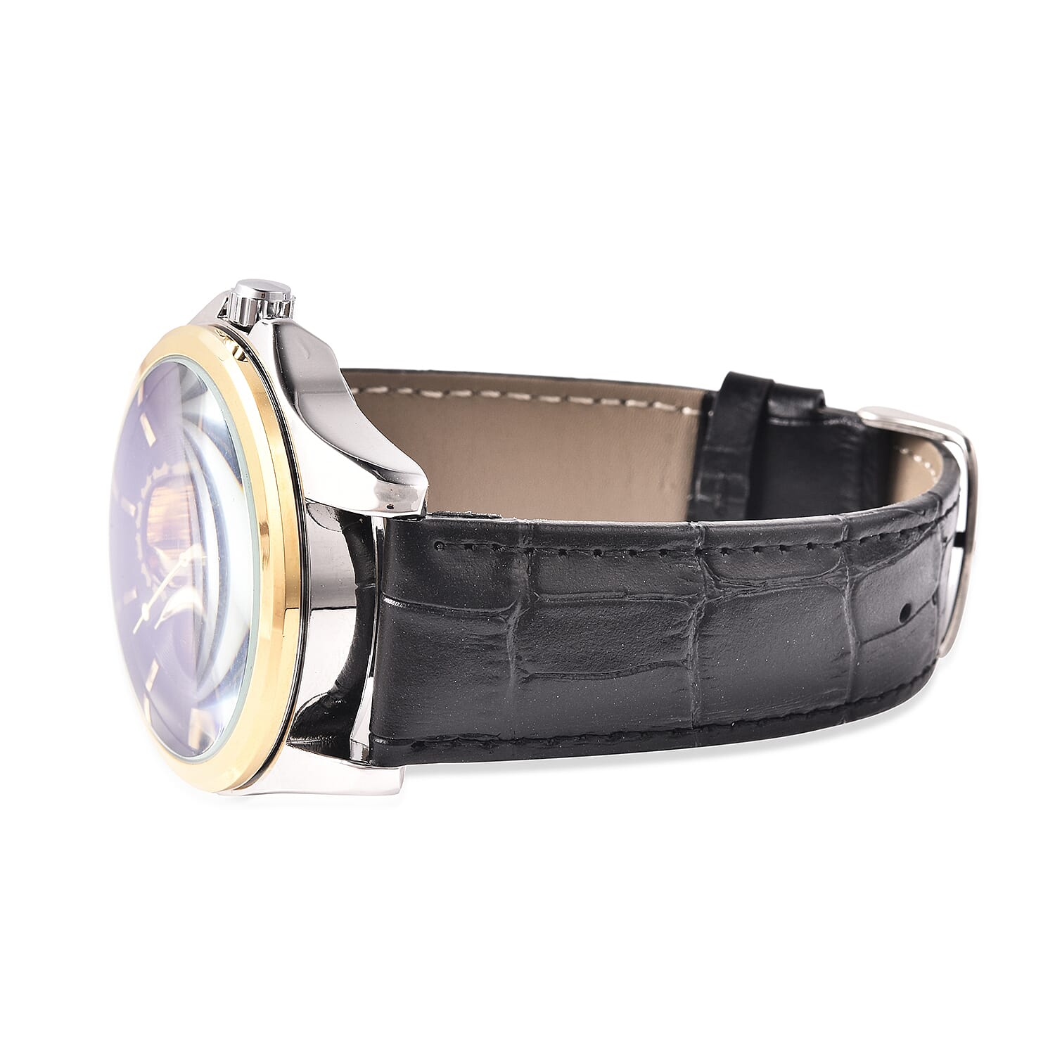 GENOA Automatic Mechanical Movement Blue Dial Water Resistant Skeleton Watch with Black Leather Strap