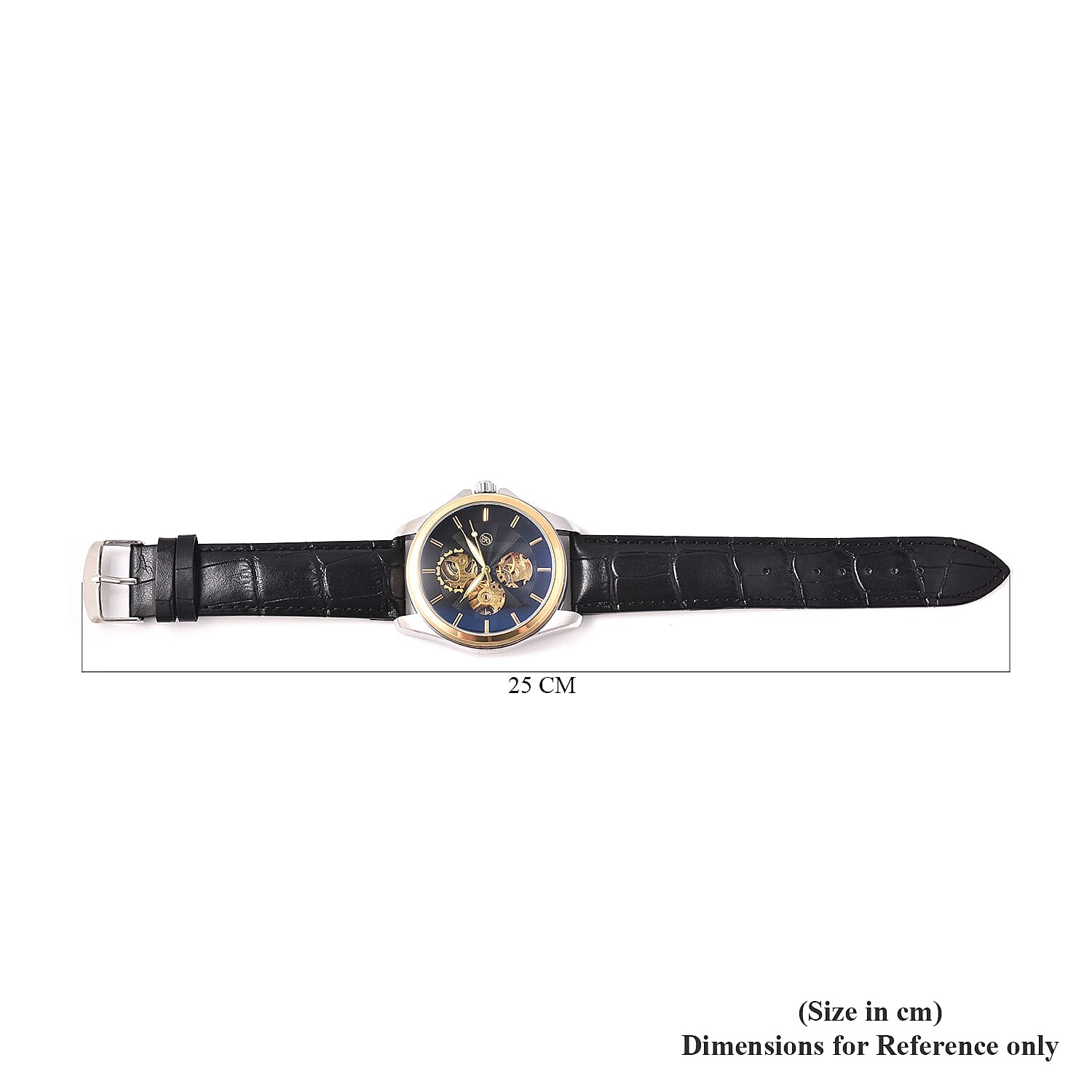 GENOA Automatic Mechanical Movement Blue Dial Water Resistant Skeleton Watch with Black Leather Strap