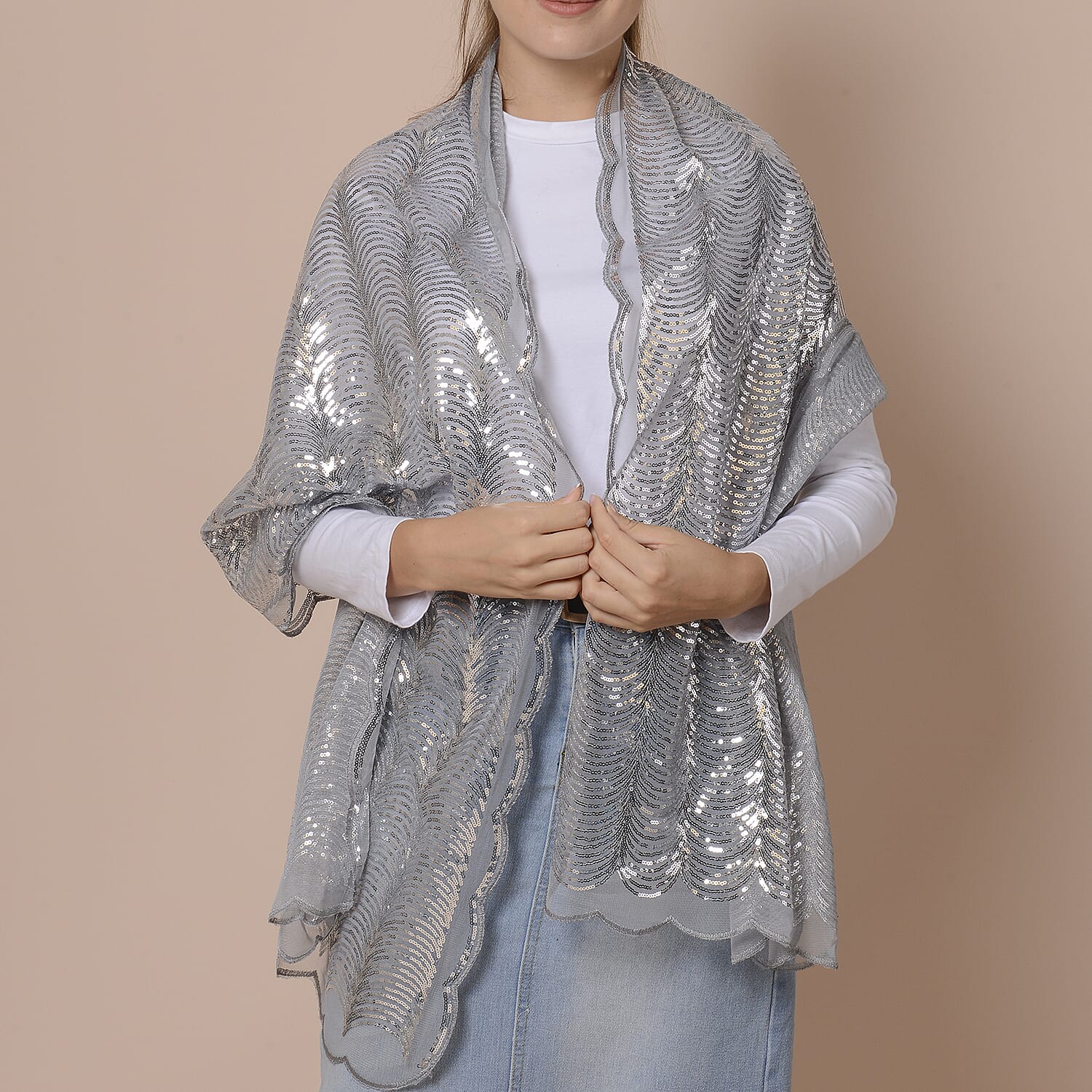 Scallop Pattern Sequin Scarf (Size 58x190 Cm) - Slate Silver
