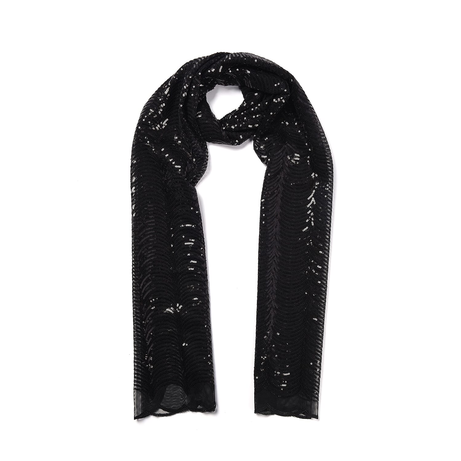 Scallop Pattern Sequin Scarf (Size 58x190 Cm) - Black